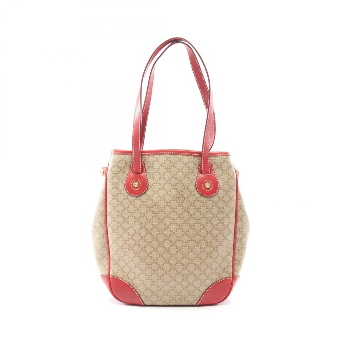 Celine Macadam Handbag Beige Red: Authentic and authenticated Celine Macadam handbag tote in beige/red PVC and leather. Approx. 25H x 21/20W x 10D cm with 49 cm handle. No accessories listed.