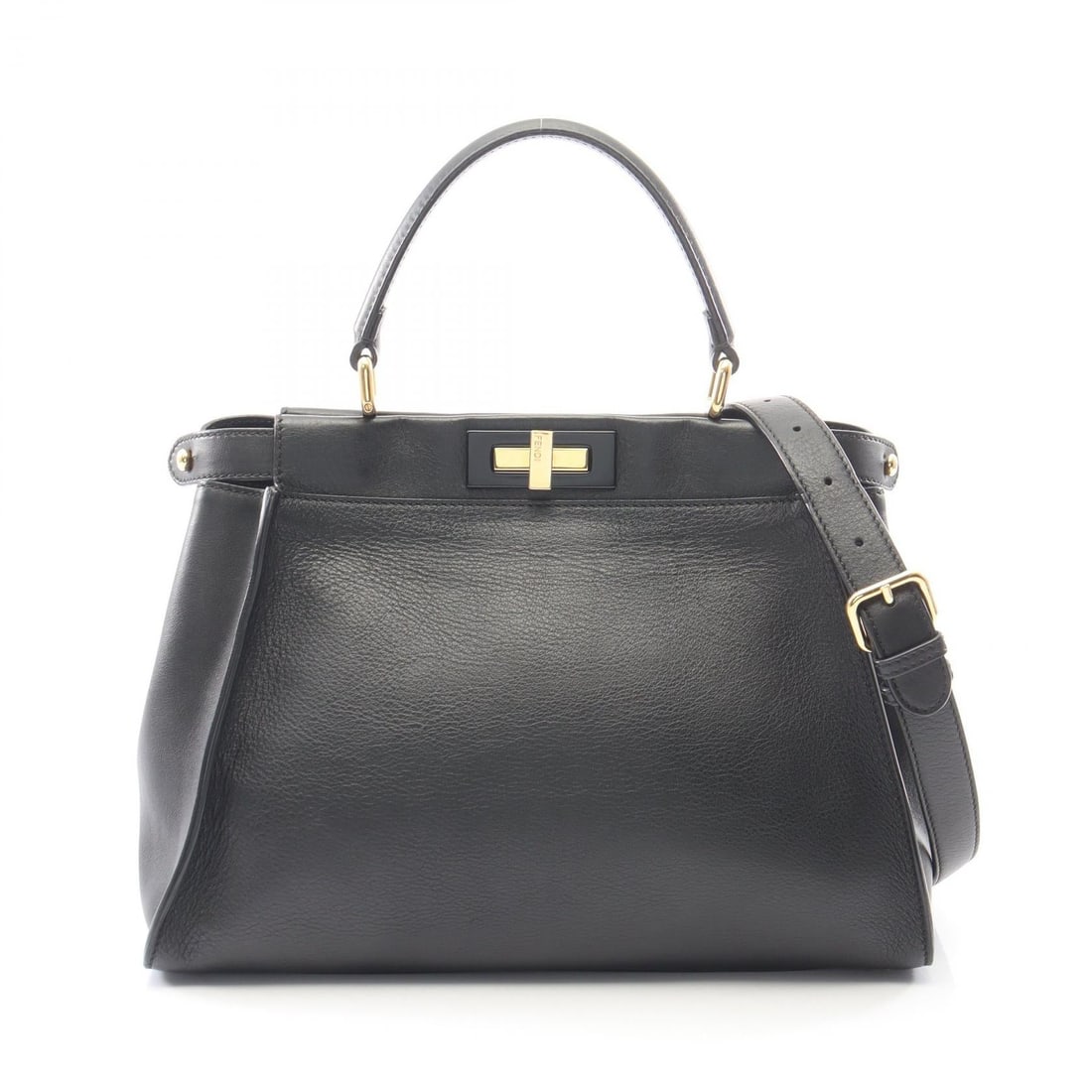 Fendi Peekaboo Regular 2WAY Black: Authentic and authenticated Fendi Peekaboo Regular 2WAY handbag in black leather. Model 8BN290. Approx. 24H x 29/34W x 13D cm with 35 cm handle and 94-112 cm strap. Includes shoulder strap and rain co