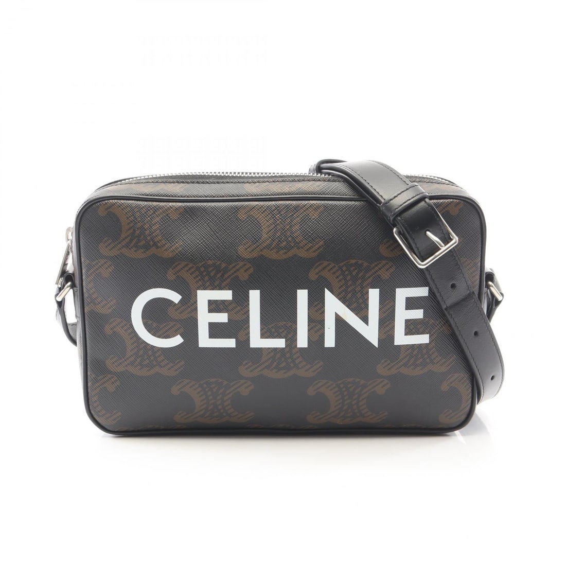 Celine Triomphe Medium Messenger Black: Authentic and authenticated Celine Triomphe Medium Messenger shoulder bag in black PVC leather. Model 194502CIM. Approx. 14.5H x 23W x 4.5D cm with 106-127 cm strap.