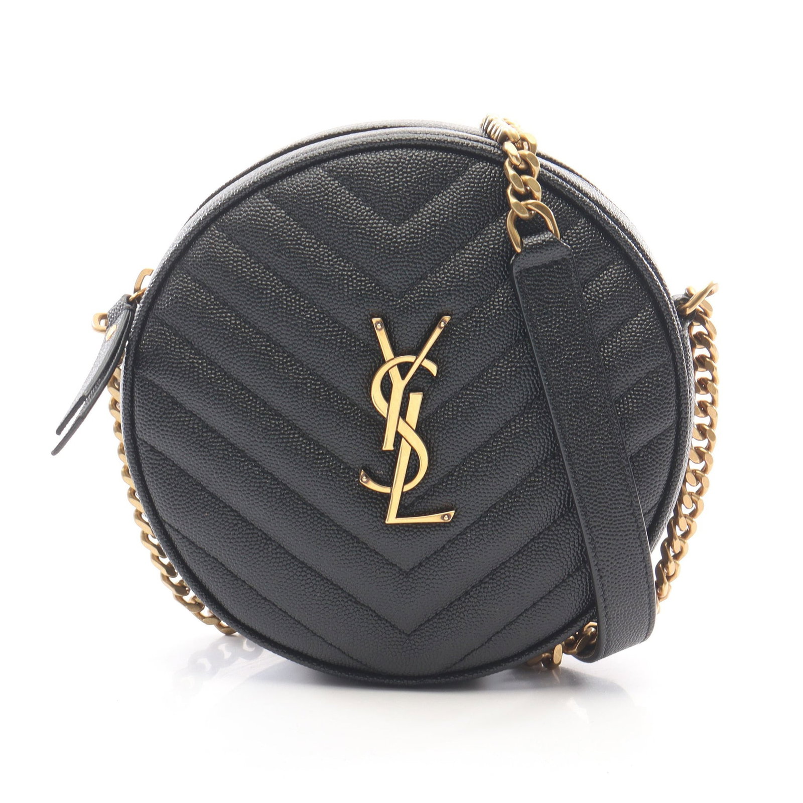 YSL Vinyl Monogram Chain Bag: Authentic and authenticated Yves Saint Laurent Vinyl Monogram chain shoulder bag in black leather. Model 610436. Approx. 16.5H x 16.5W x 5D cm with 124 cm strap.