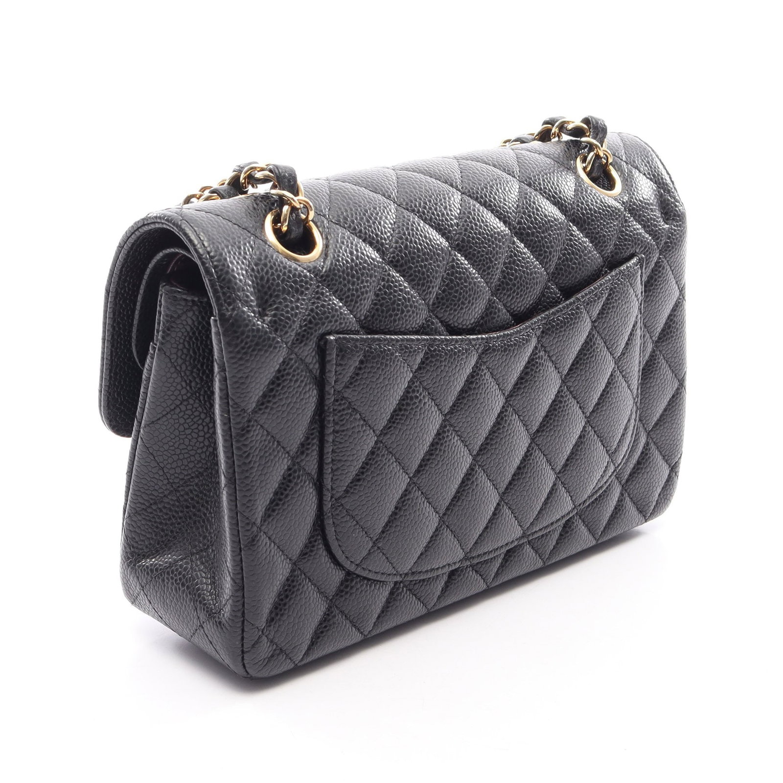 Chanel W Flap W Chain Black: Authentic and authenticated Chanel Matelasse W flap W chain shoulder bag in black caviar skin with gold hardware. Model A01113. Approx. 14H x 23W x 6D cm with double or single chain wear. Includes ser