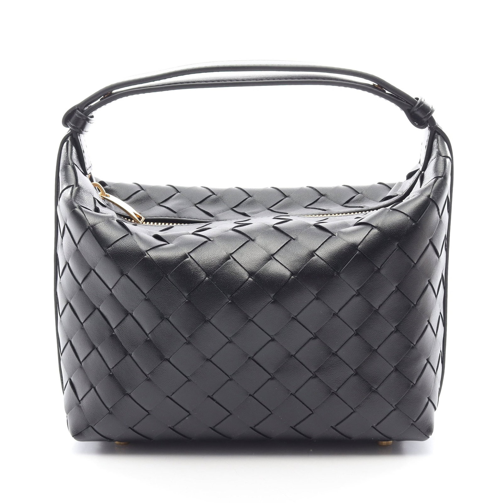 Bottega Mini Wallace Black: Authentic and authenticated Bottega Veneta Mini Wallace Intrecciato handbag in black leather. Model 754443V3IV18425. Approx. 15H x 23/20W x 9.5D cm with 27-39 cm handle. Includes storage bags.