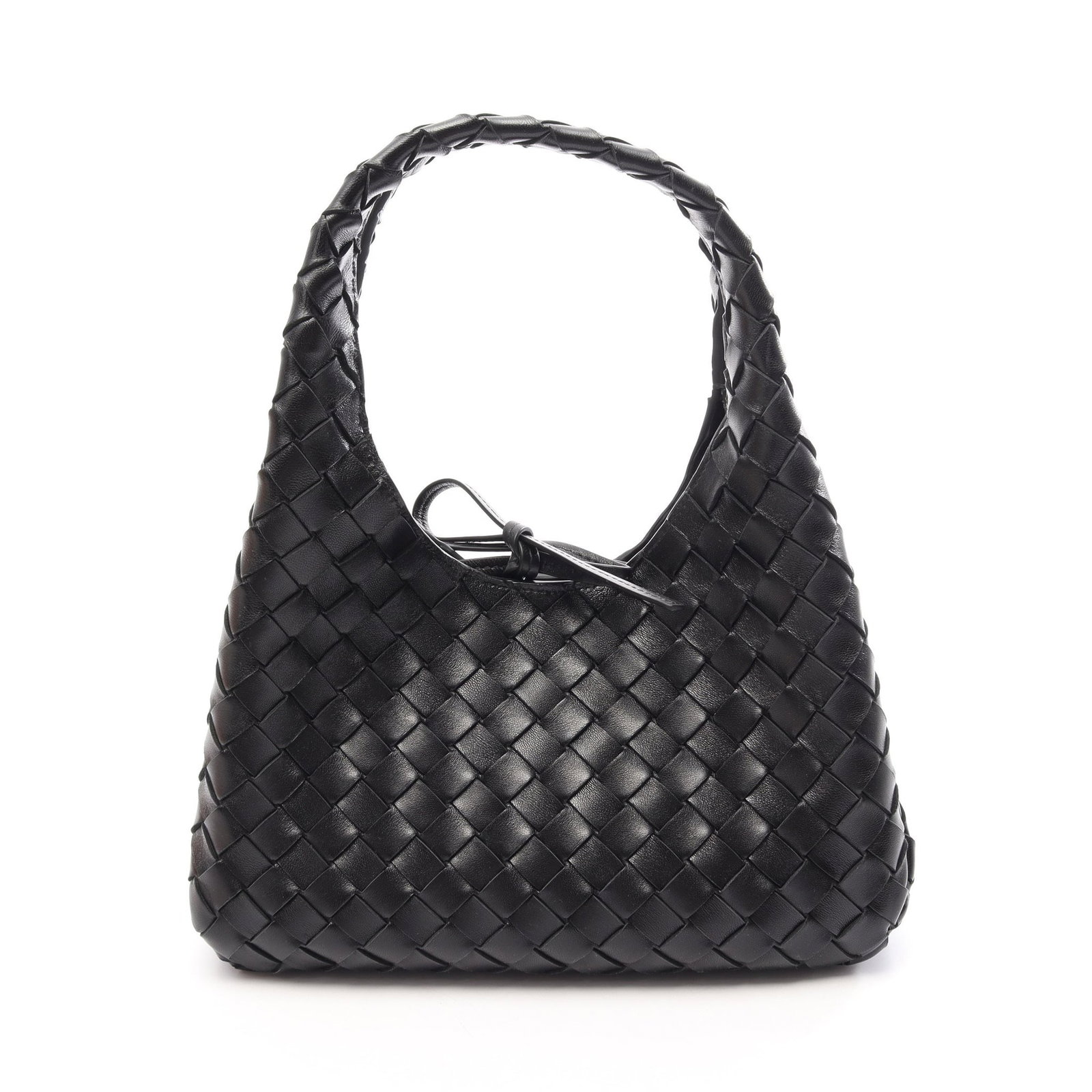 Bottega Small Campana Handbag Black: Authentic and authenticated Bottega Veneta Small Campana handbag in black leather. Model 854248V4SC01019. Approx. 16H x 23/27W x 13D cm with 33 cm handle. Includes storage bags.