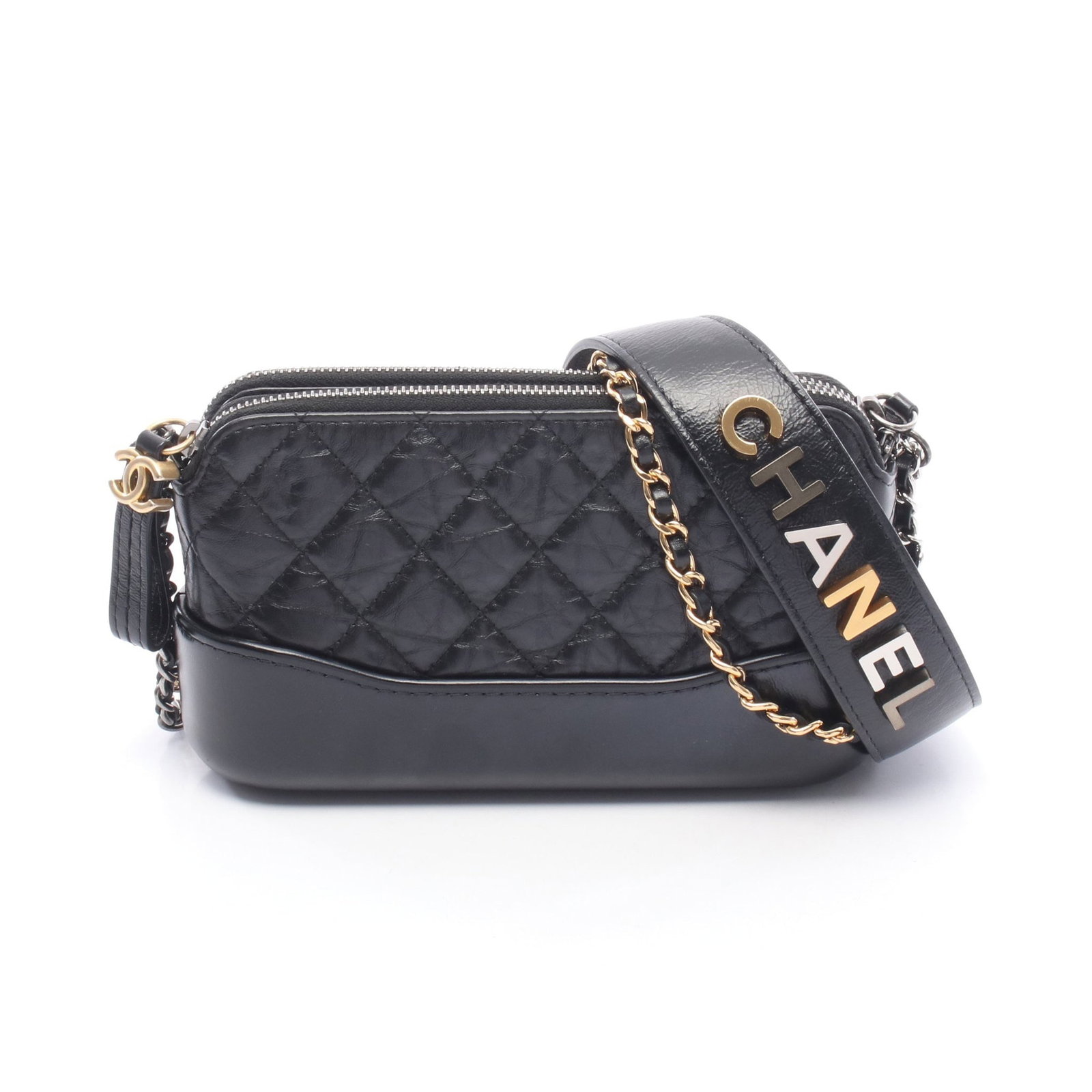 Chanel Gabriel Chain Wallet Black: Authentic and authenticated Chanel Gabriel chain wallet in black aged calfskin leather with mixed metal fittings. Model A94505. Approx. 11H x 18.5W x 6D cm with double or single chain wear. Includes