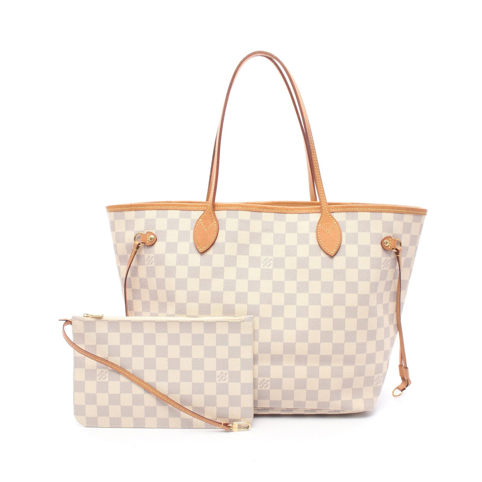 LV Neverfull MM Damier Azur Tote: Authentic and authenticated Louis Vuitton Neverfull MM Damier Azur shoulder tote bag in white PVC leather. Model N41361, product no. AR4128. Approx. 29H x 46/32W x 16D cm. Includes pouch.