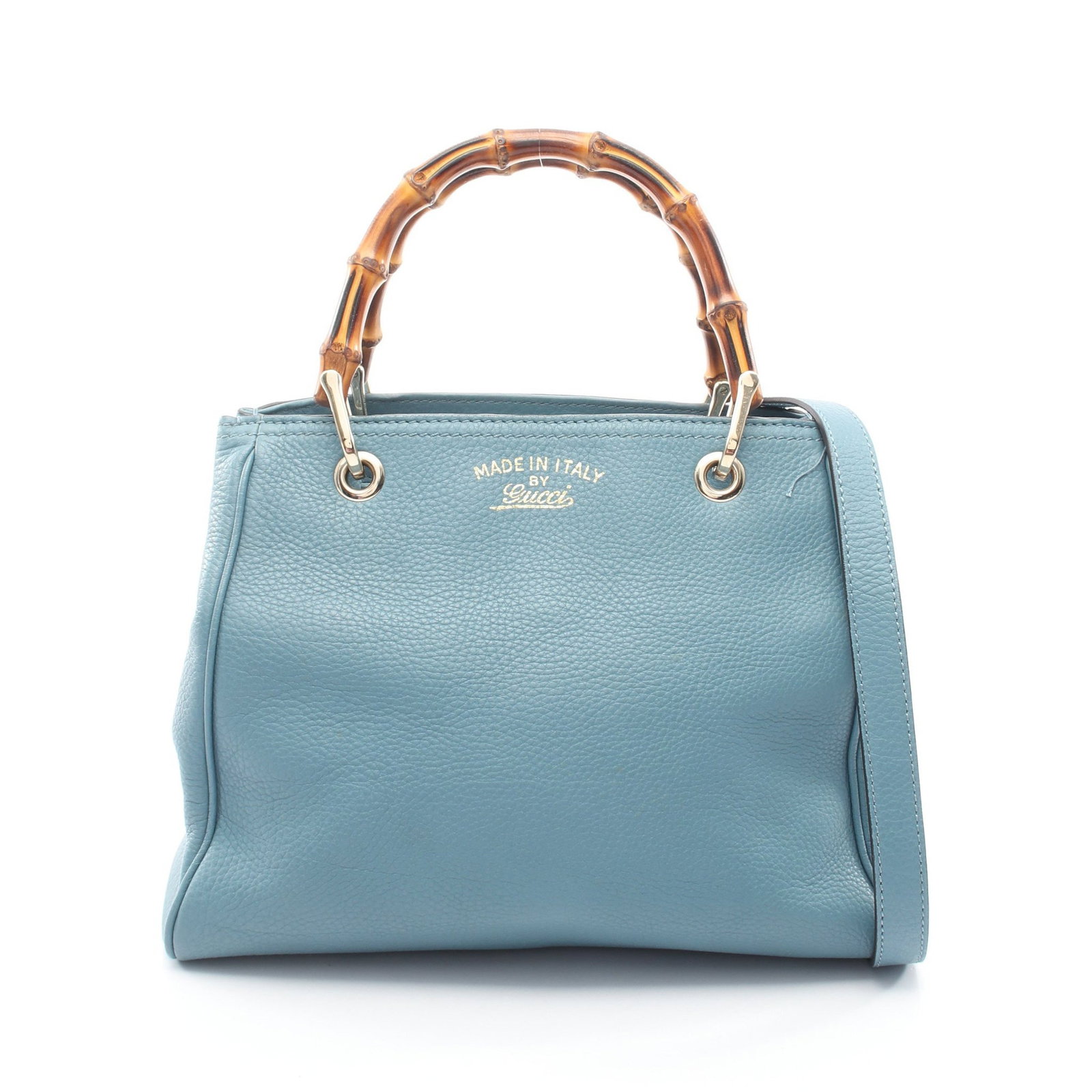 Gucci Bamboo Shopper Small 2WAY Blue: Authentic and authenticated Gucci Bamboo Shopper Small 2WAY handbag in blue leather. Model 336032. Approx. 23H x 25/28W x 13D cm with 36 cm handle and 100-110 cm strap. Includes shoulder strap.