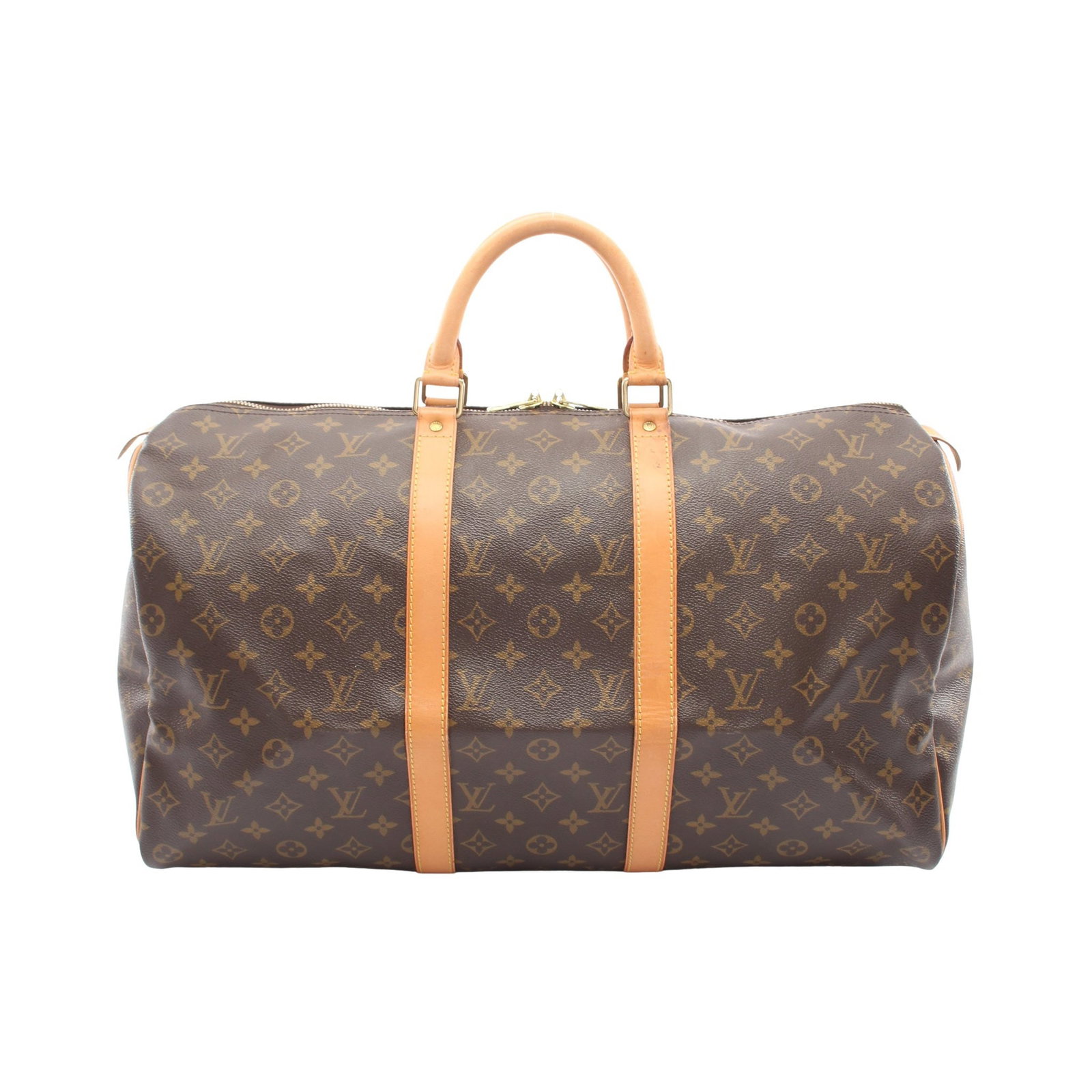 LV Keepall 50 Monogram Boston Bag: Authentic and authenticated Louis Vuitton Keepall 50 Monogram Boston bag in brown PVC and leather. Model M41426, product no. SP0935. Approx. 28H x 50/51W x 21.5D cm with 35 cm handle.