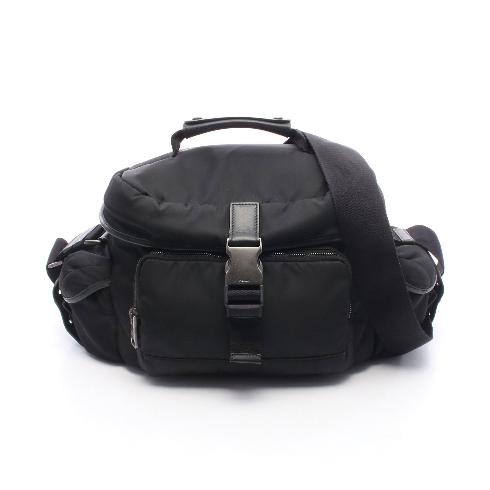 Prada Nylon Camera Shoulder Bag: Authentic and authenticated Prada Camera bag shoulder bag in black nylon and leather. Model VA1065. Approx. 19H x 26.5/26W x 19D cm with max 137 cm strap and 20 cm handle. Includes guarantee card.
