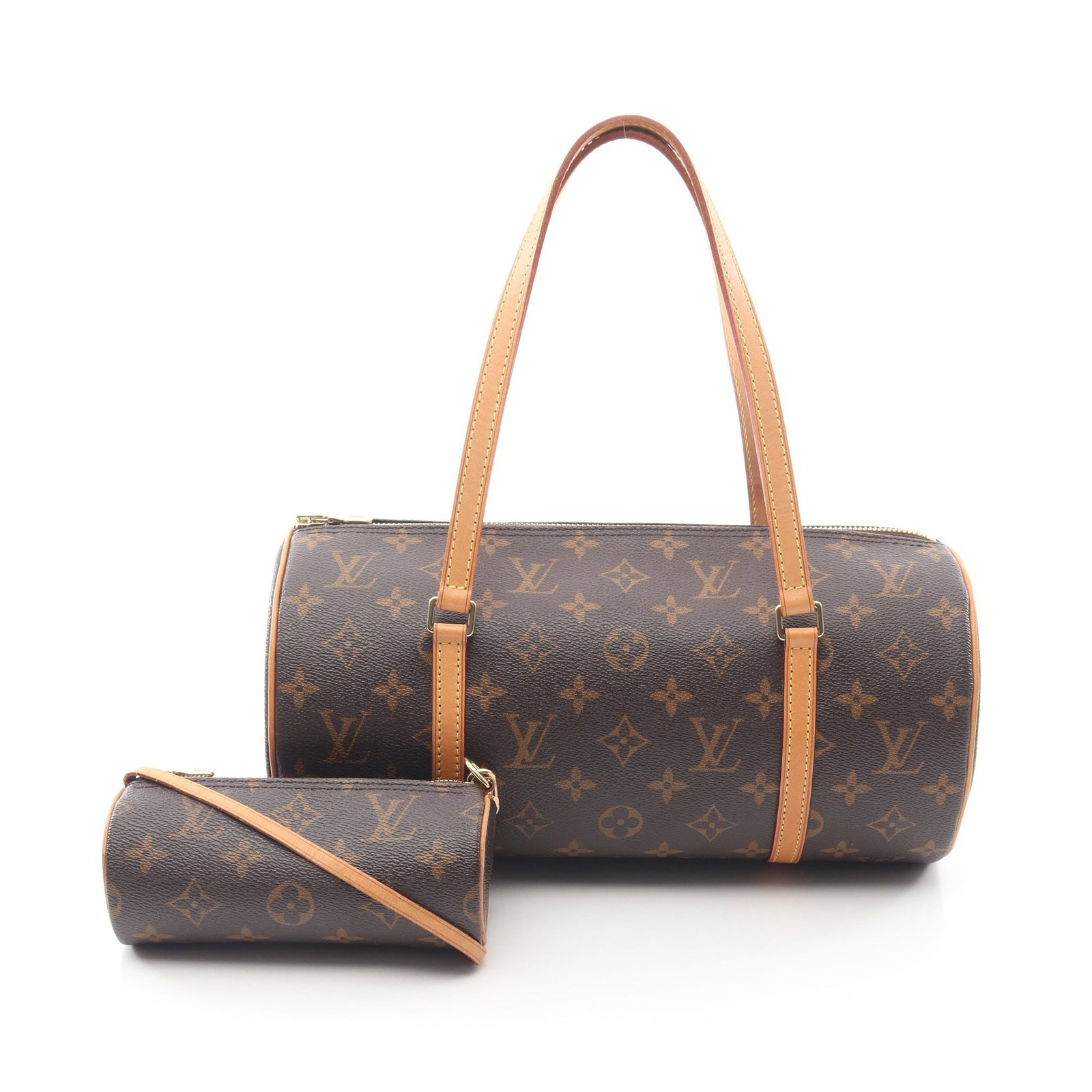 LV Papillon 30 Monogram Handbag: Authentic and authenticated Louis Vuitton Papillon 30 Monogram handbag in brown PVC leather. Model M51385, product no. MB4038. Approx. 15H x 30W x 15D cm with 50 cm handle. Includes pouch.