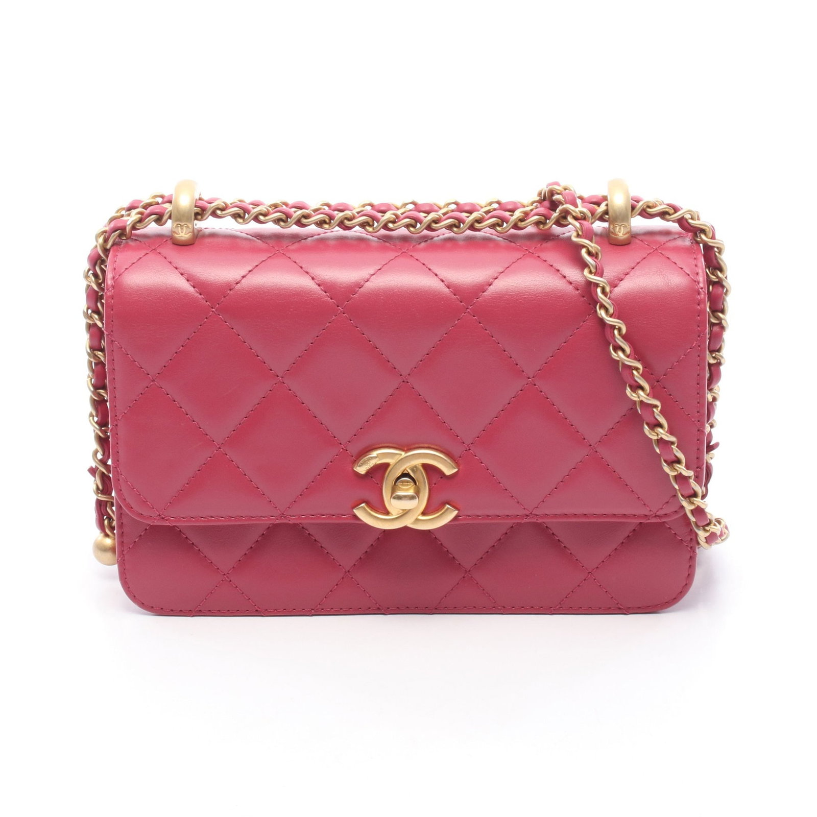 Chanel Small Flap Chain Pink: Authentic and authenticated Chanel Matelasse Small Flap chain shoulder bag in pink leather with gold hardware. Model AS2649. Approx. 12.5H x 19W x 6.5D cm with max 139 cm strap. Includes serial metal