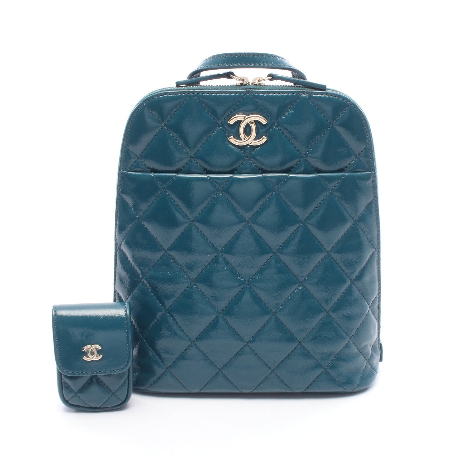 Chanel Backpack Blue Green: Authentic and authenticated Chanel Matelasse backpack in blue green shiny calfskin with gold hardware. Model AS3332. Approx. 23.5H x 21W x 8D cm with 20 cm handle and 80-85 cm straps. Includes pouch