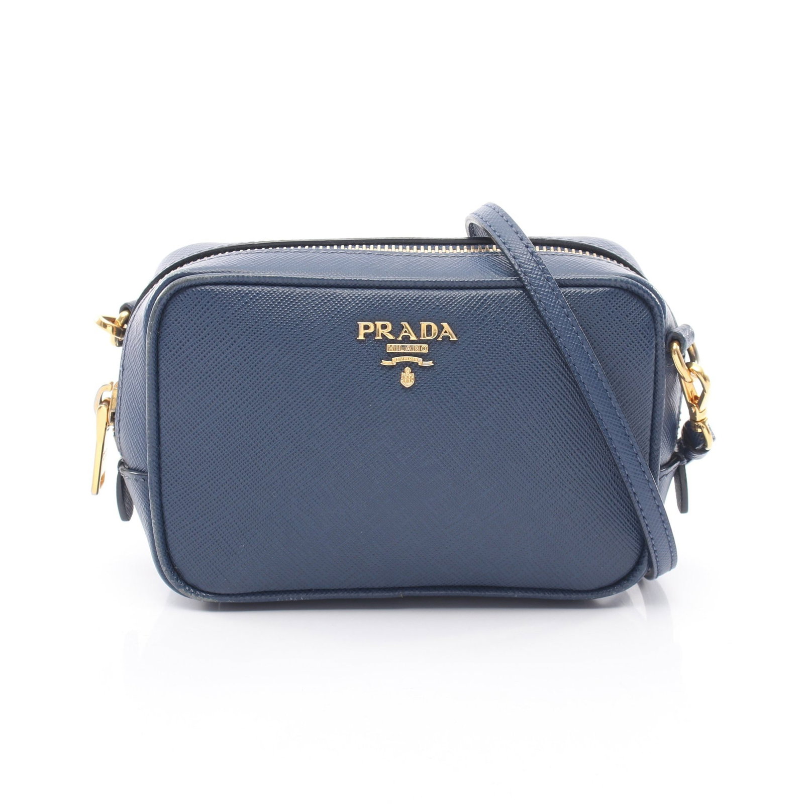 Prada Mini Saffiano Shoulder Bag Blue: Authentic and authenticated Prada mini shoulder bag in blue saffiano leather. Approx. 10H x 14.5W x 5D cm with 111-131 cm strap. Includes shoulder strap.