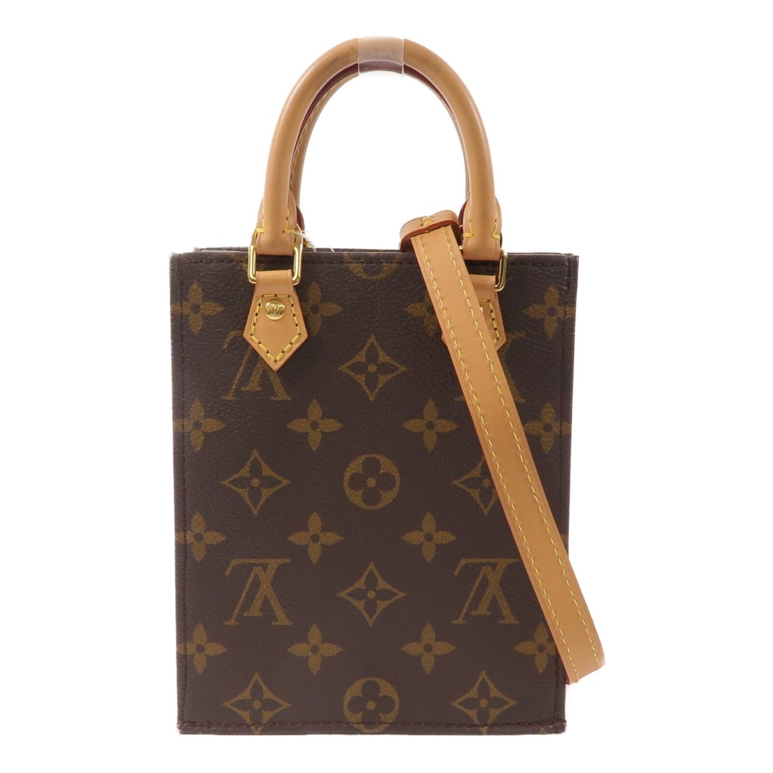 LV Petit Sac Plat Monogram: Petit Sac Plat 2 way shoulder handbag M69442 in brown Monogram canvas. Includes shoulder strap. Size 13.5 x 17 x 5 cm.