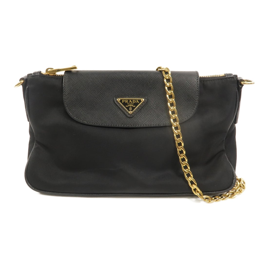 Prada Nylon Chain Shoulder Bag: Authentic and authenticated Prada chain shoulder bag in black nylon. Product no. 203. Approx. 24.5W x 14H x 5D cm with 110 cm shoulder strap. Includes shoulder strap.