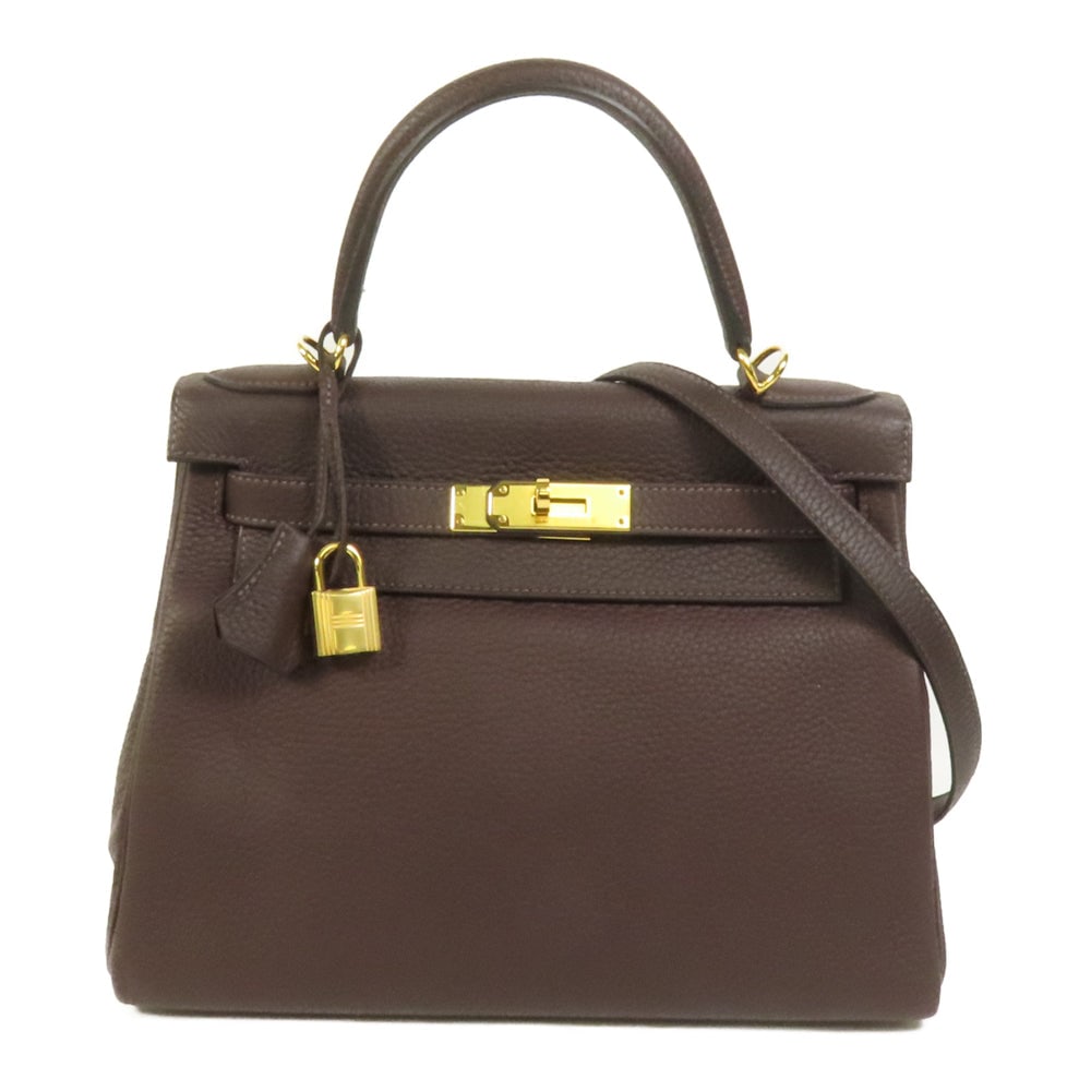 Hermes Kelly 28 Rouge Sellier: Rouge Sellier togo leather 2Way shoulder bag with gold hardware. Includes storage bags strap clochette key cadena and rain cover. 28 x 20 x 11 cm.