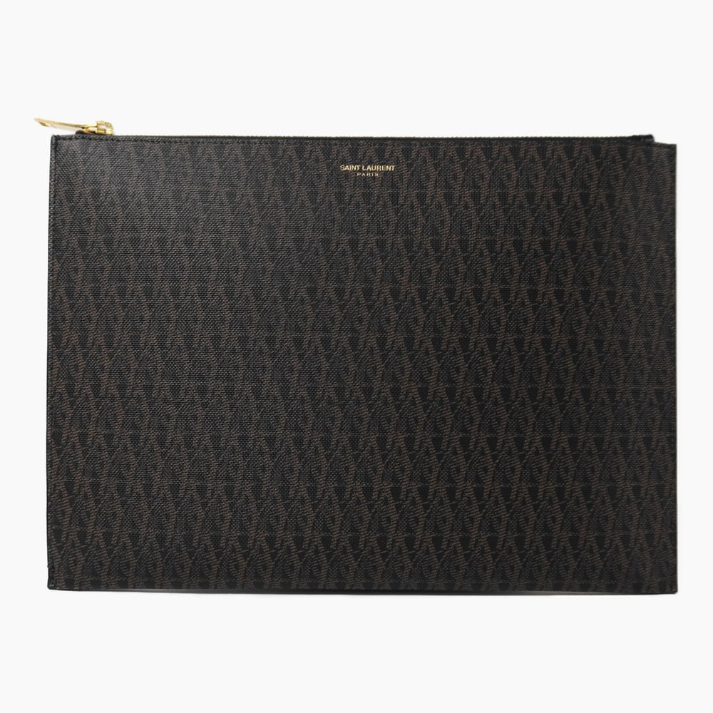 Saint Laurent YSL Pouch Brown: Brown coated canvas pouch. Includes box and storage bag. 29 x 21 x 1.5 cm.