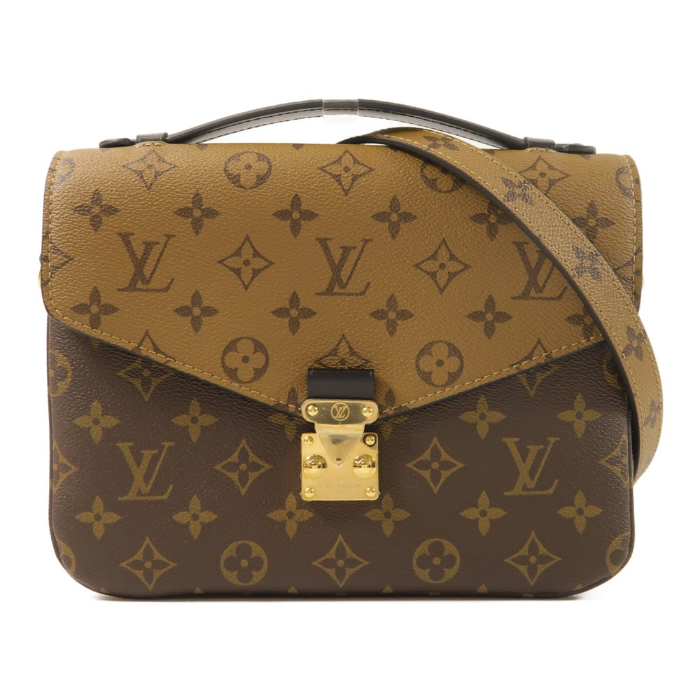 LV Pochette Metis Reverse: Brown monogram reverse PVC coated canvas 2 way shoulder bag; includes storage bag and shoulder strap; W25 x H19 x D7 cm. Authentic and authenticated.