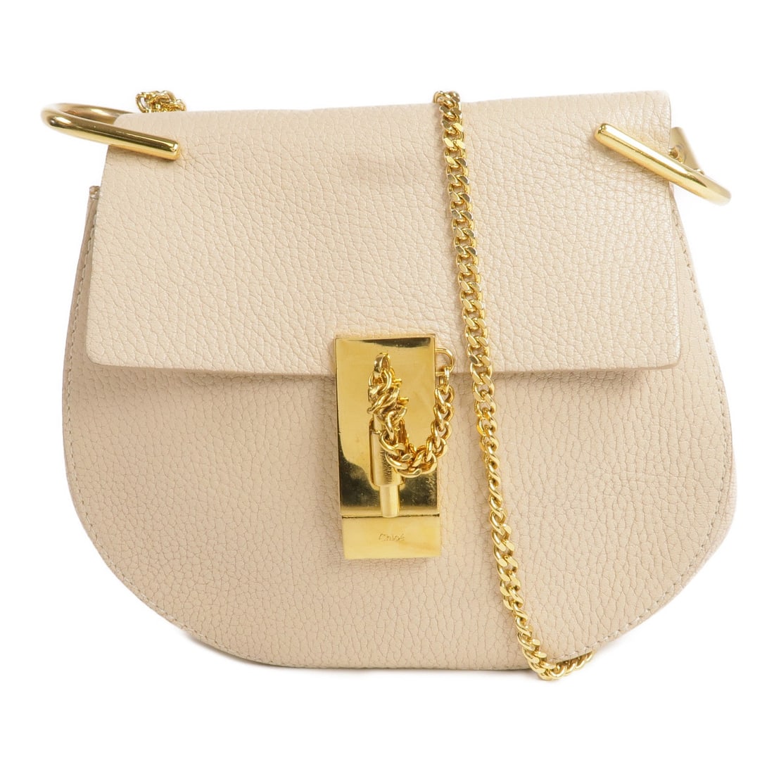 Chloe Chain Shoulder Bag Beige: Chain shoulder bag in beige calfskin with gold-tone hardware. Includes storage bags. Size 19 x 17 x 6 cm.