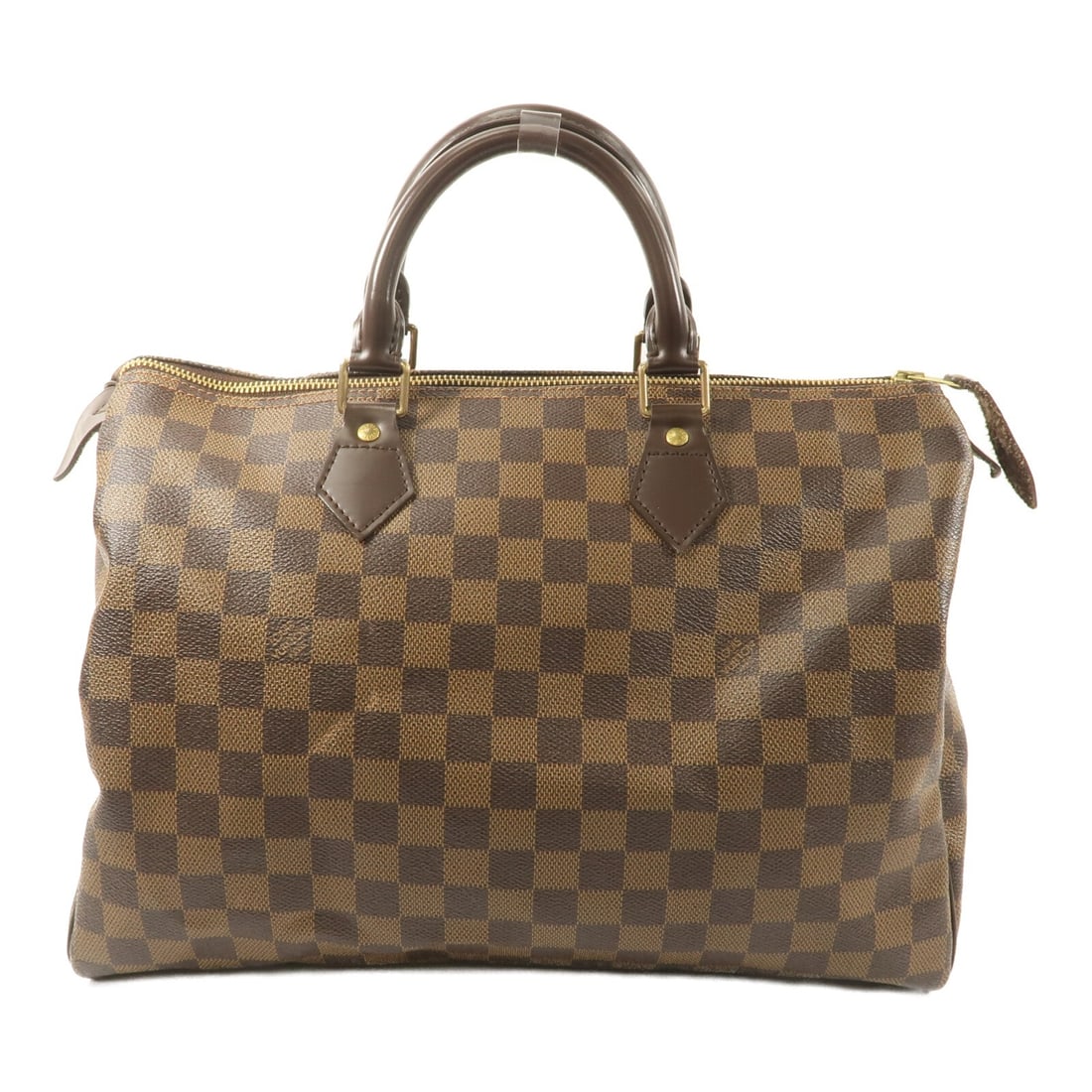 Louis Vuitton Speedy 35 Damier: Speedy 35 handbag in brown Damier Ebene canvas. Includes storage bags, key, and padlock. Size 35 x 27 x 17 cm.