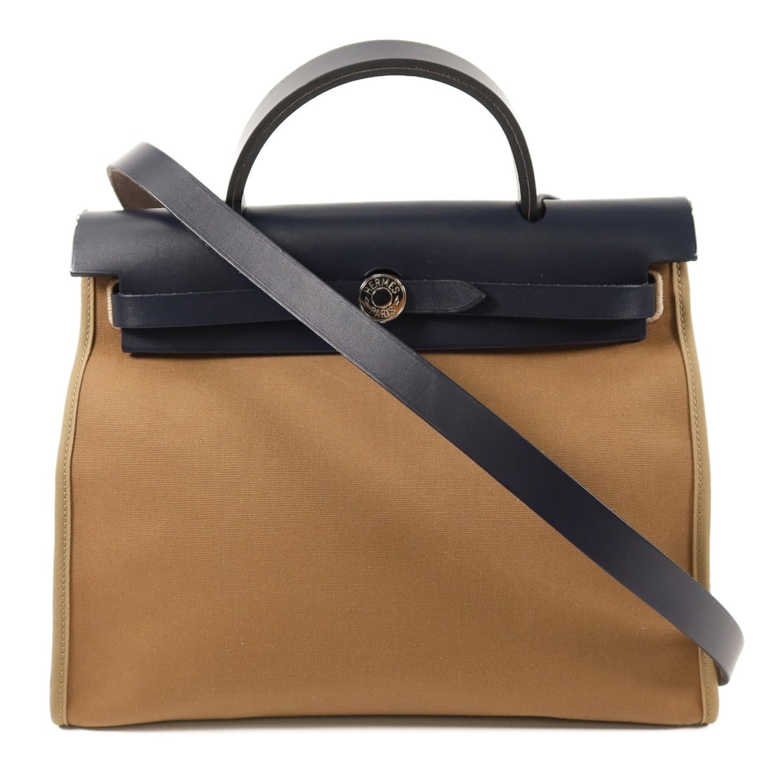 Hermes Herbag PM 2 Way Etoupe: Authentic and authenticated Hermes Herbag PM 2 Way shoulder bag in Etoupe grey canvas. Product no. C TS001 AUC. Approx. 30W x 24H x 11D cm with 23 cm handle and 98 cm strap. Includes storage bags and