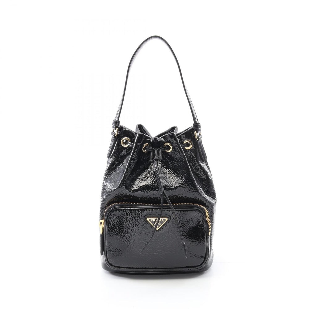 Prada Duet Naplak Bucket Bag: Black patent leather bucket handbag 2 way; includes shoulder strap; H22.5 x W17 x D12 cm; handle 36 cm. Authentic and authenticated.
