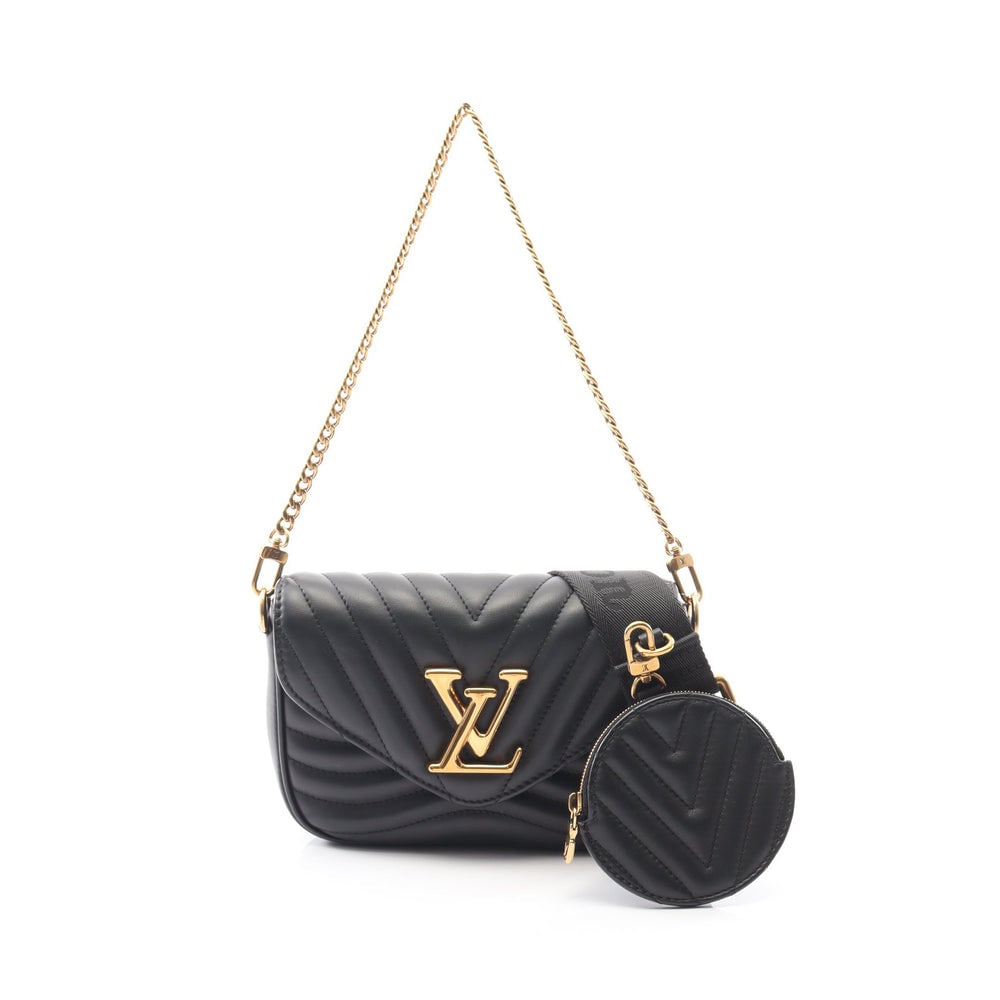 LV Multi Pochette New Wave Black: Black leather Multy Pochette New Wave 2-way shoulder bag. Approx. 18 x 13 x 5 cm; strap 75-111 cm; chain 51 cm. Model M56461, RFID. Authentic and authenticated.