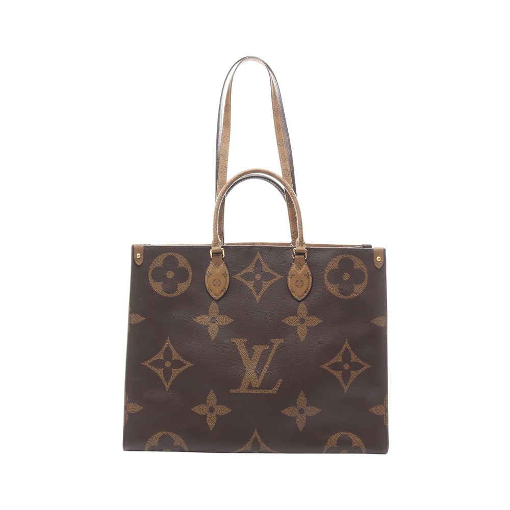 Louis Vuitton OnTheGo GM Tote: Brown and beige monogram giant reverse PVC 2 way tote; H32 x W39/41 x D17 cm; handle 38 cm. Authentic and authenticated.