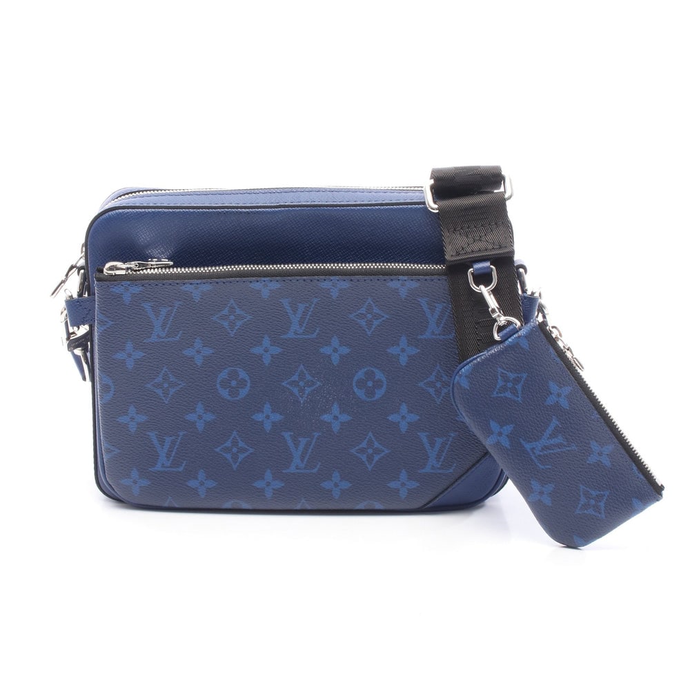 Louis Vuitton Trio Messenger Taigarama: Blue Taigarama PVC and leather messenger shoulder bag; H18 x W24 x D5 cm; strap 97-139 cm. Authentic and authenticated.