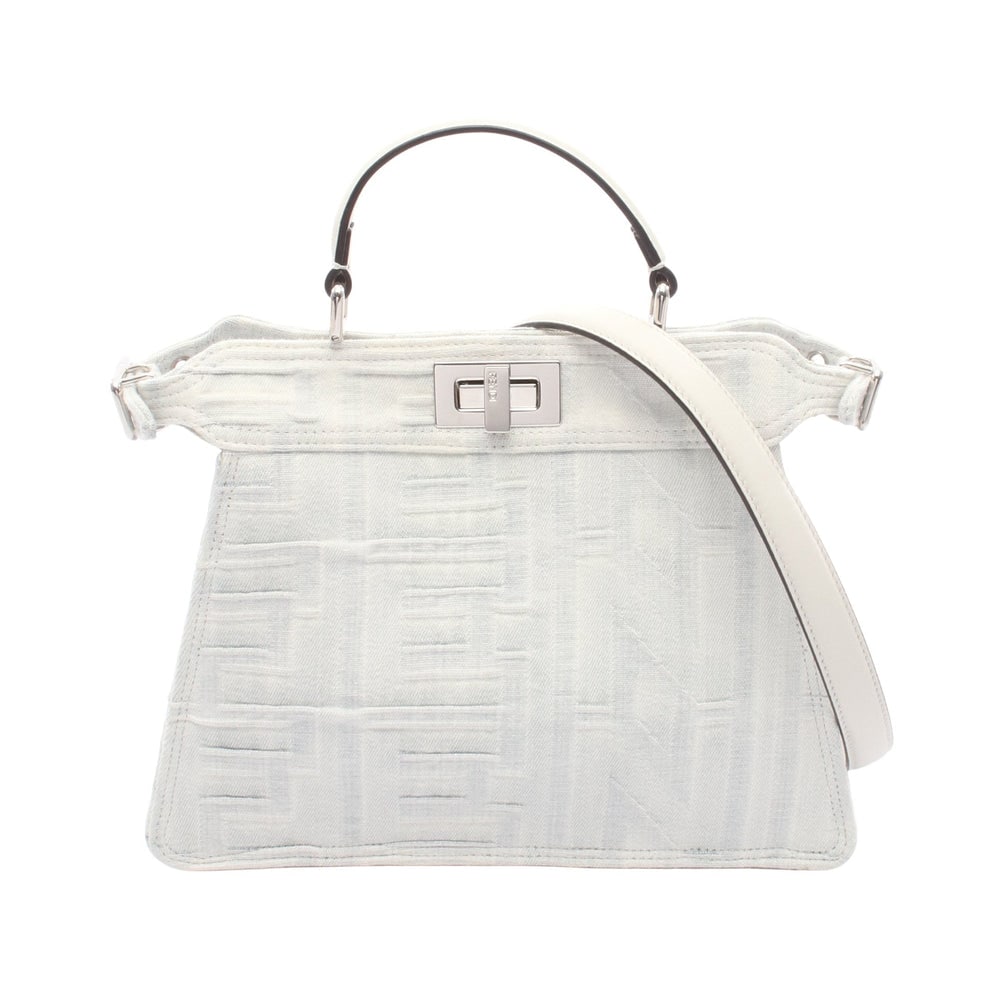 Fendi x Marc Jacobs Peekaboo Small: Light blue and white denim and leather Fendi x Marc Jacobs Peekaboo ISeeU Small 2-way handbag with shoulder strap. Approx. 27 x 20 x 5/5 cm; handle 24 cm; strap 96.5-111.5 cm. Authentic and