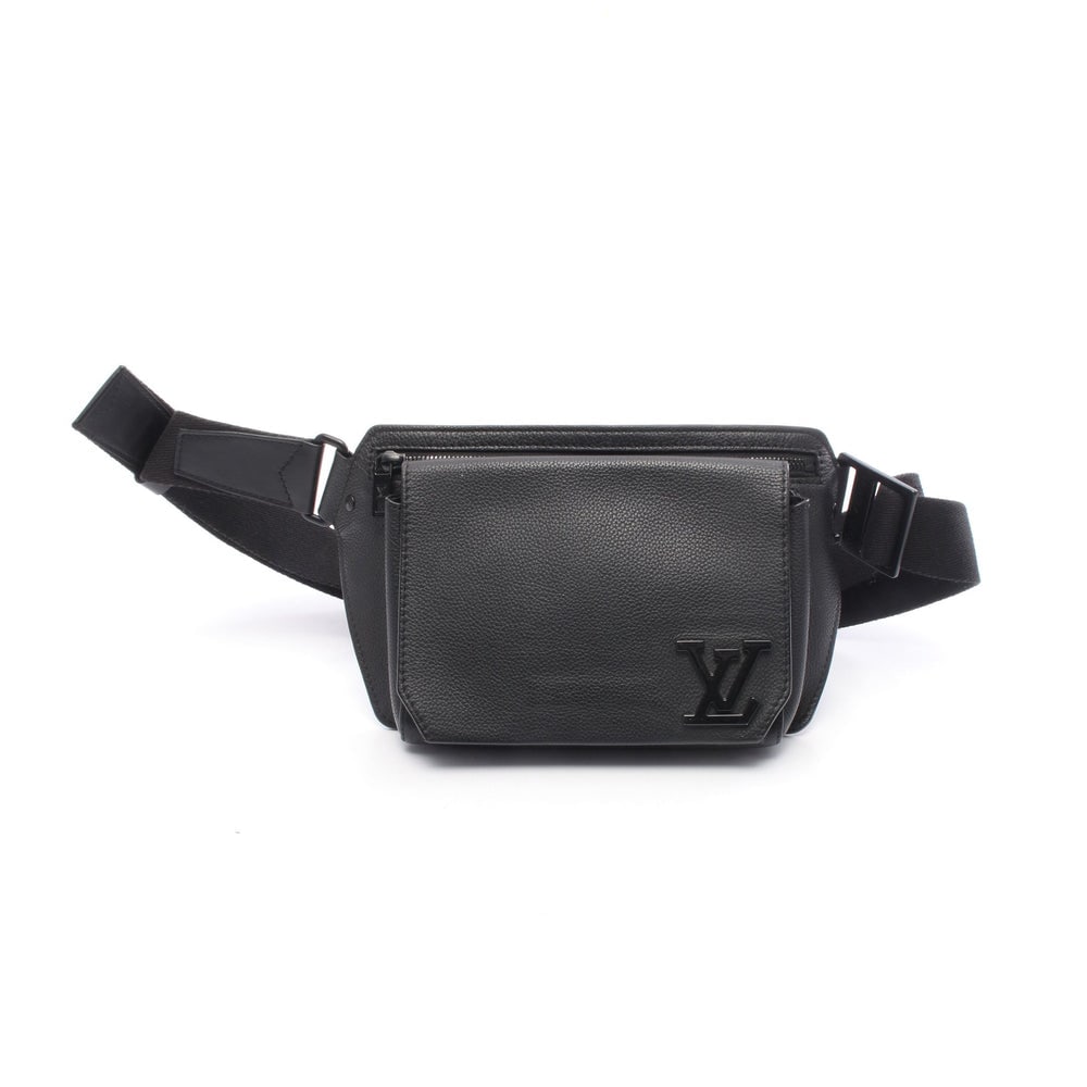 LV Take Off Sling Black: Black grain leather Take off Sling LV Aerogram body or waist bag. Approx. 26 x 15.5 x 3 cm. Model M57081. Authentic and authenticated.