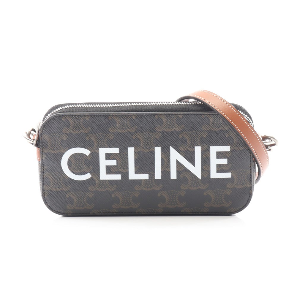 Celine Triomphe Horizontal Pouch Bag: Authenticated genuine Celine Triomphe Horizontal Pouch shoulder bag in black brown PVC leather, model 10L272DM5. Approx. H9 x W17 x D3 cm with 103-115 cm strap.