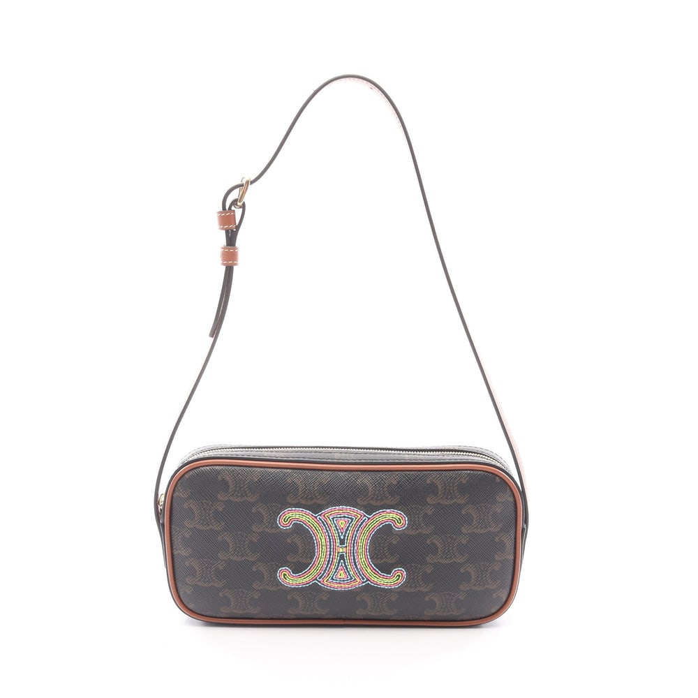 Celine Triomphe Mini Camera Bag: Authentic and authenticated Celine Cuill Triomphe Mini Camera one shoulder bag in black, brown, multicolor PVC leather. Approx. 9.5 x 19 x 3 cm, strap 47-57 cm, max drop 20 cm.