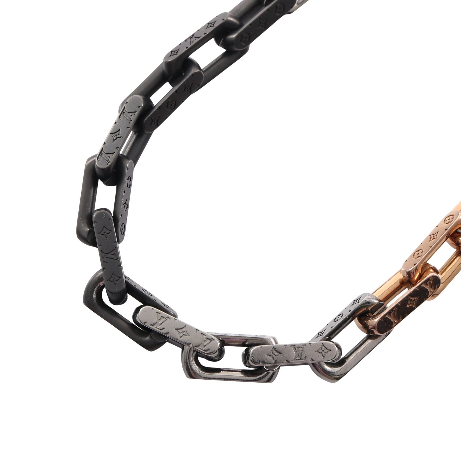Louis Vuitton Monogram Chain Necklace: Collier Monogram chain necklace in black silver and pink gold tone.