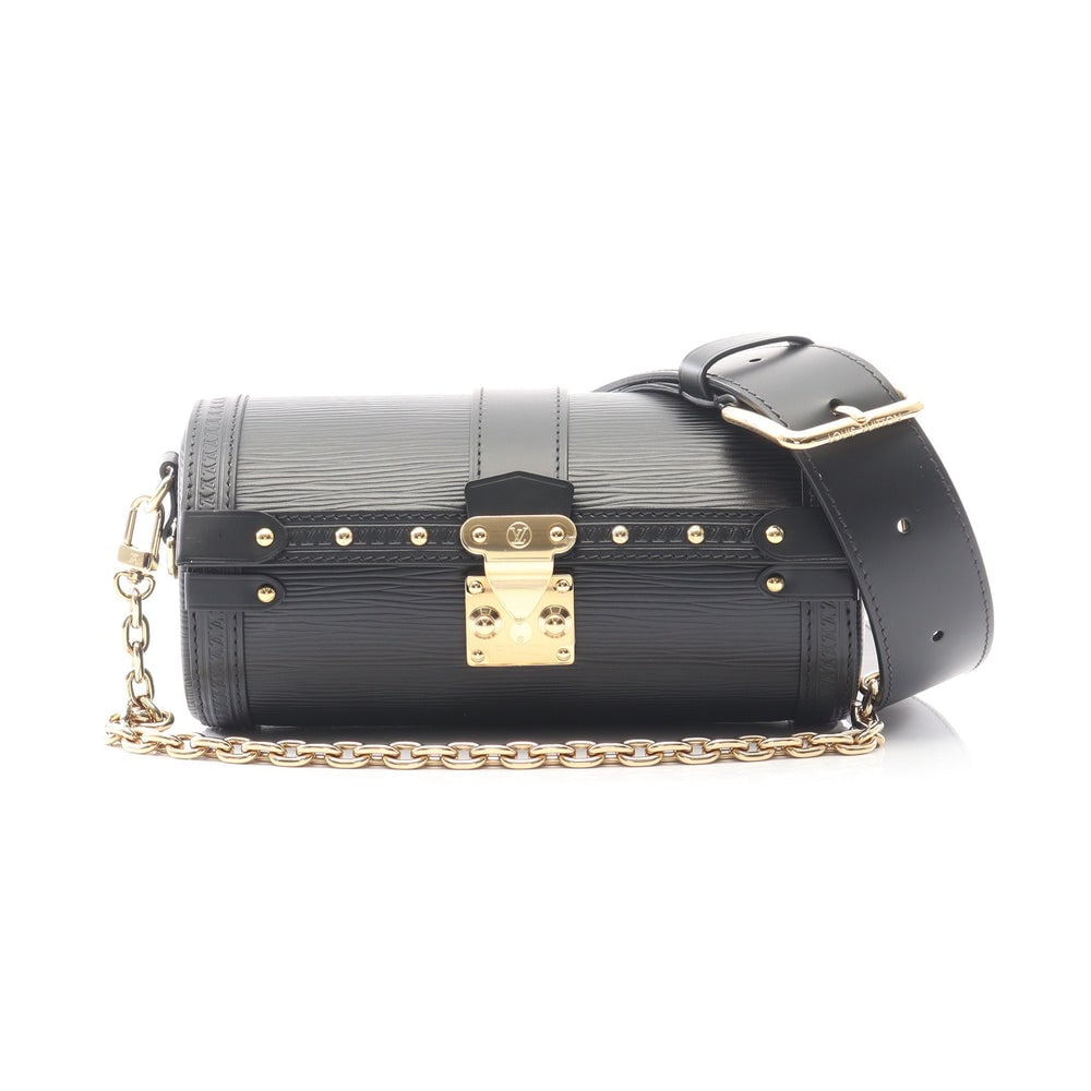 LV Butterfly Trunk Epi Black: Black leather Butterfly Trunk Epi 2-way shoulder bag with chain shoulder strap. Approx. 20 x 9 x 9 cm; strap 91-107 cm. Model M58655, RFID noted. Authentic and authenticated.