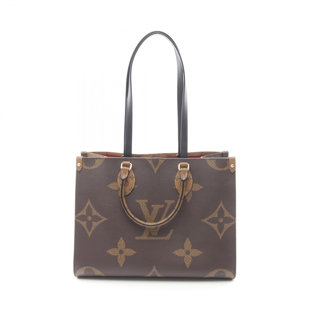 Louis Vuitton OnTheGo MM Tote: Brown and beige monogram giant reverse PVC and leather tote; H27 x W33/34.5 x D14 cm; handle 33 cm. Authentic and authenticated.