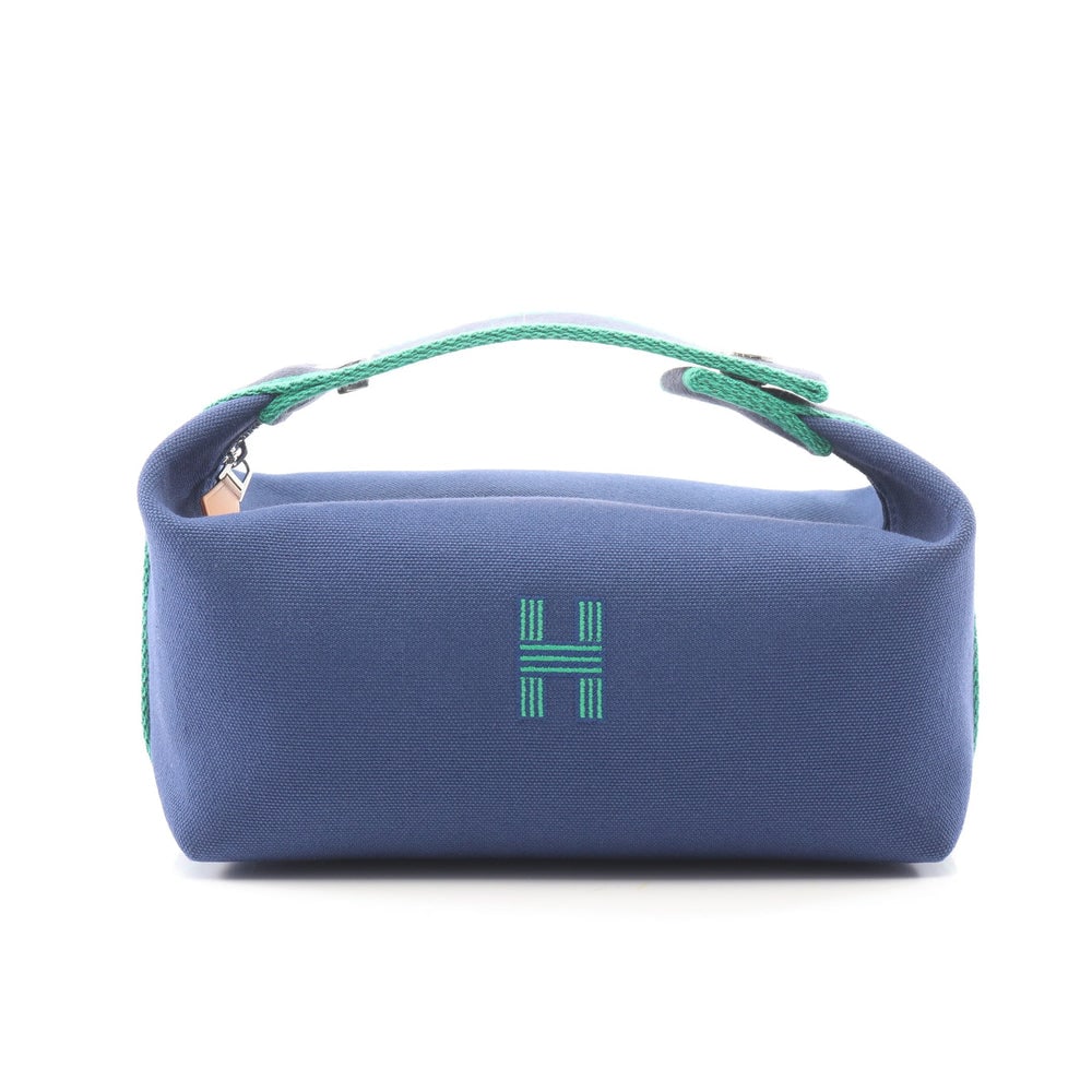 Hermes Bride-a-Brac PM Blue Marine: Authenticated genuine Hermes Bride-a-Brac PM Blue marine handbag in blue green canvas with silver hardware. Includes box. Approx. H10 x W20 top/21 base x D13 cm with 15 cm handle.