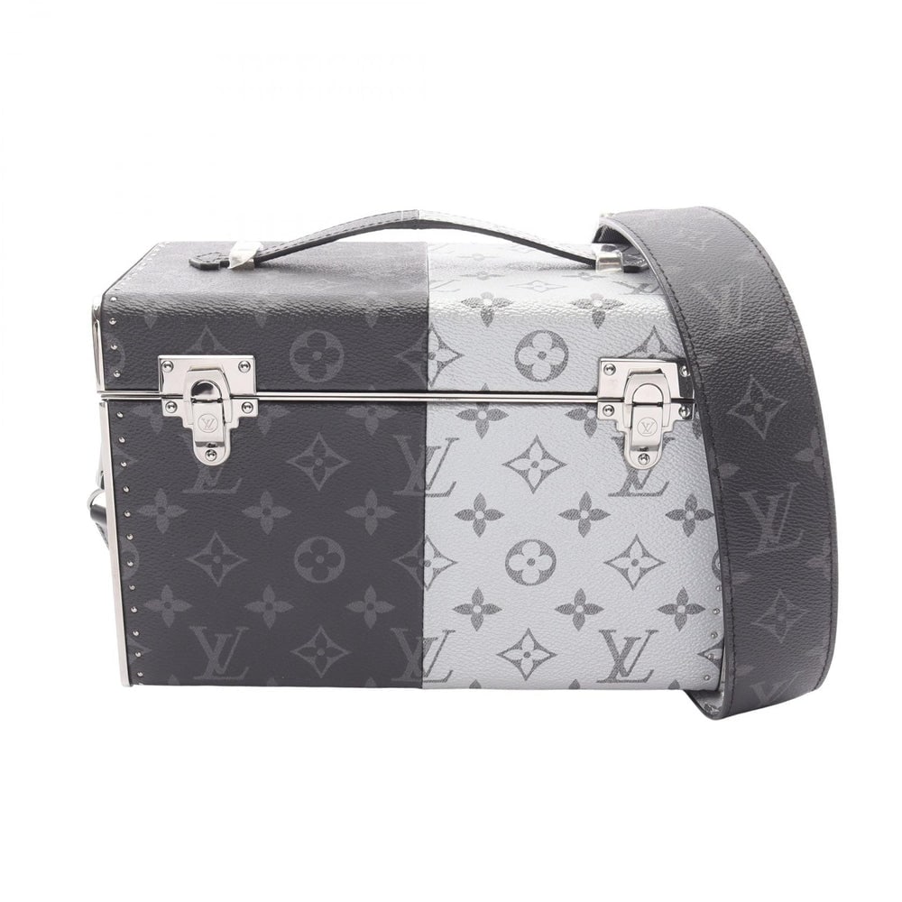 Louis Vuitton Mini Box Trunk: Black and light gray PVC and metal 2Way handbag. Includes shoulder strap. 24.5 x 16 x 12.5 cm.