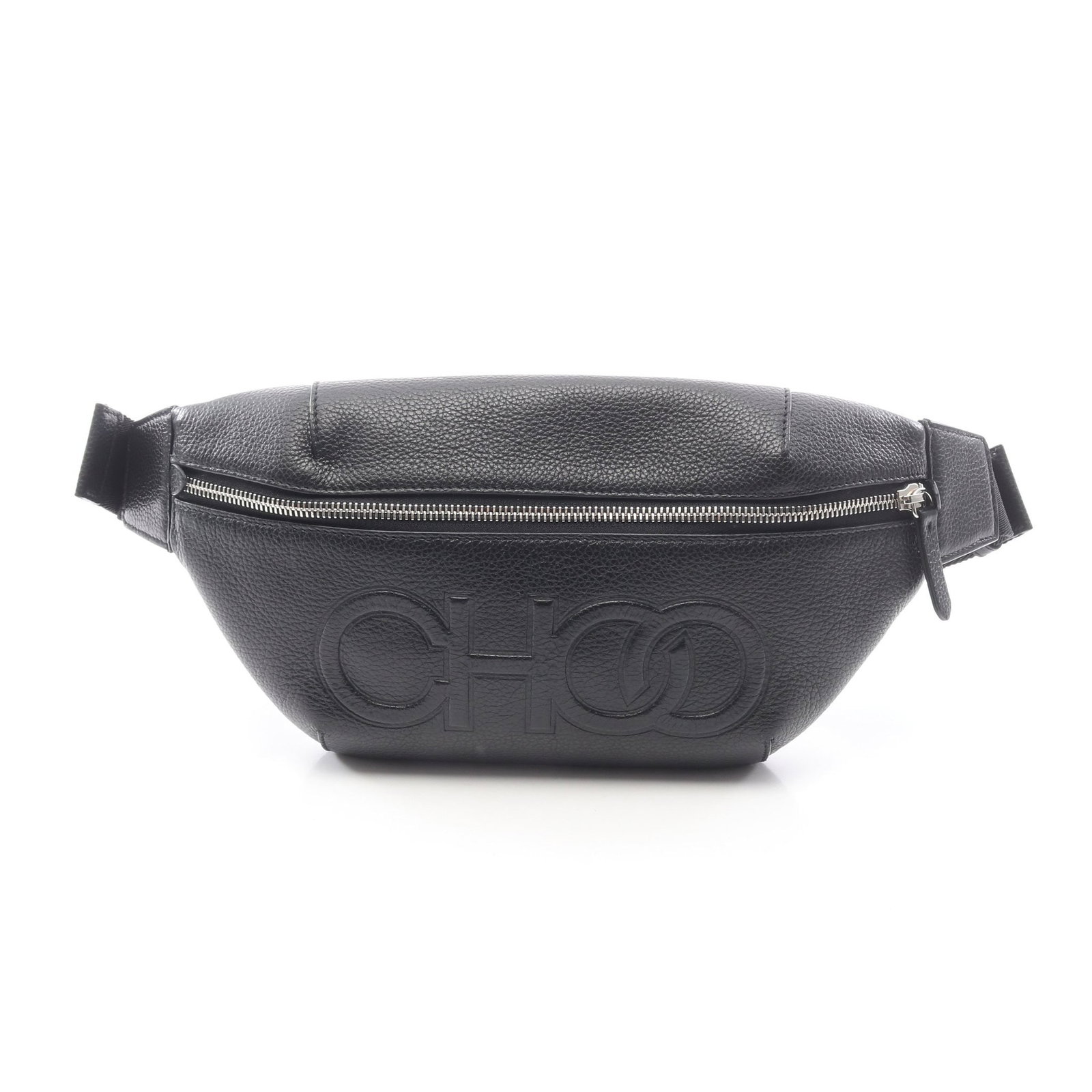 Jimmy Choo Black Leather Body Bag: Authentic and authenticated Jimmy Choo body waist bag in black leather. Approx. 16H x 30.5/18W x 4D cm with maximum 105 cm strap. No accessories listed.