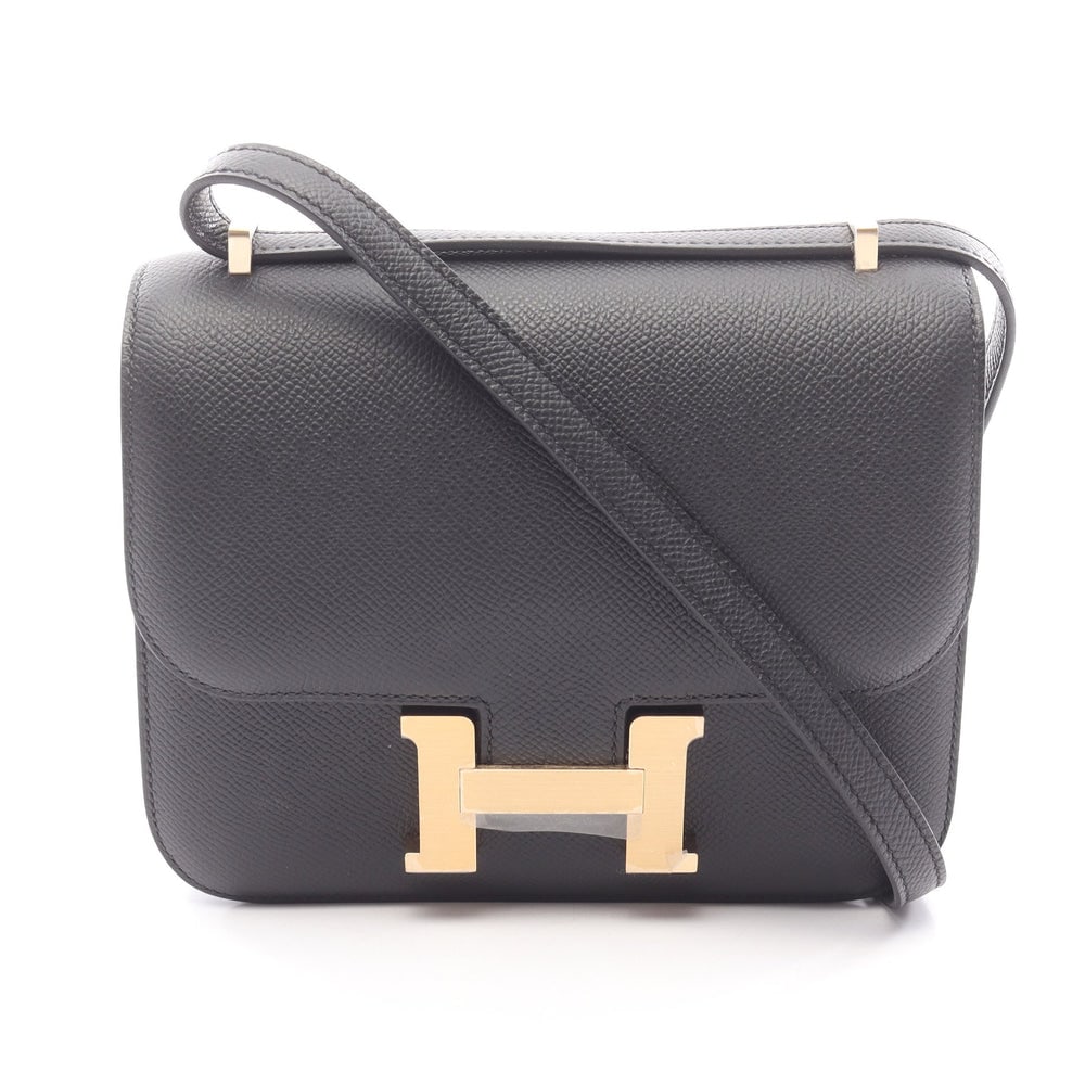 Hermes Constance 3 Mini Black: Black veau epsom shoulder bag with gold hardware. Includes mirror. 18 x 15 x 2-3 cm.