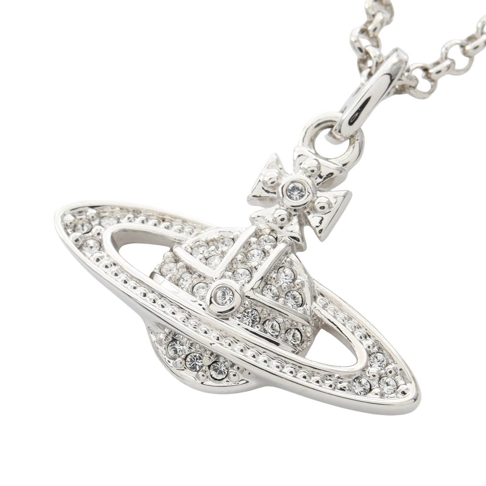 Vivienne Bas Relief Silver Necklace: MINI BAS RELIEF necklace in silver tone with clear rhinestones.