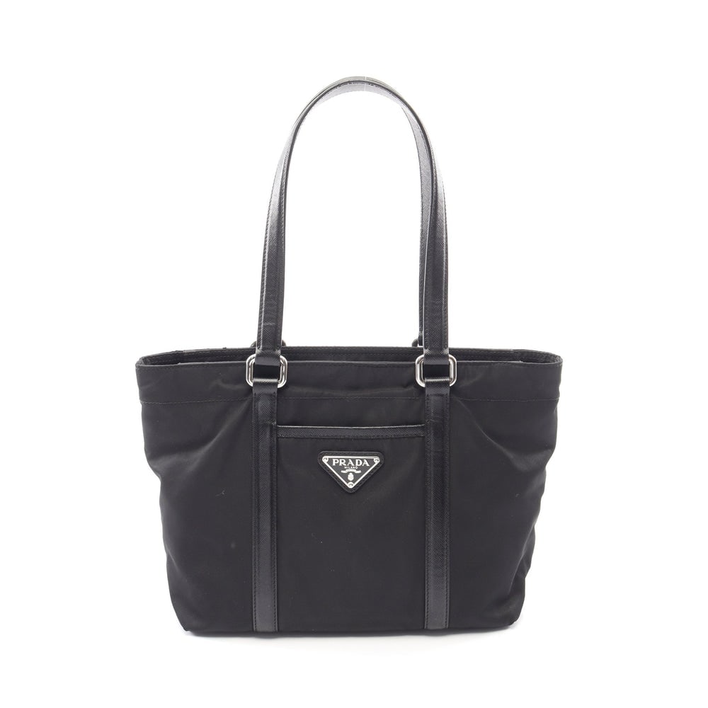 Prada Nylon Tote Bag Black: Black nylon and saffiano leather tote bag. 25 x 20 x 11 cm.