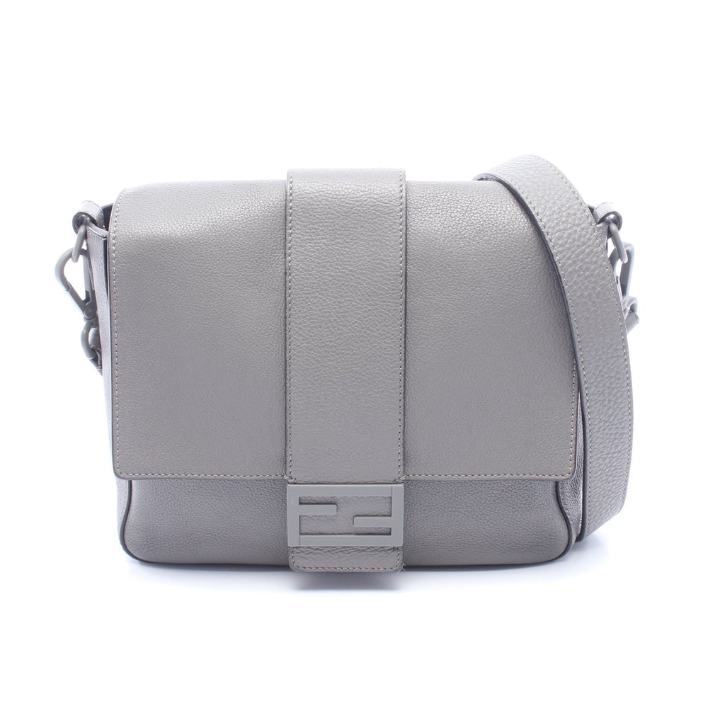 Fendi Baguette Messenger Bag Gray: Authenticated genuine Fendi Baguette Messenger shoulder bag in gray leather, model 7VA537. Approx. H23 x W24 x D6 cm with 98-148 cm strap. No accessories listed.