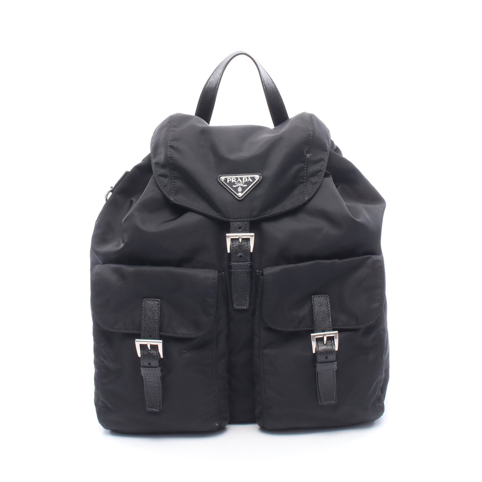 Prada Re-Nylon 2WAY Backpack Black: Authentic and authenticated Prada Re-Nylon 2WAY backpack in black nylon leather. Model 2VZ110. Approx. 38H x 17/33.5W x 14D cm with 24 cm handle and shoulder strap. Includes shoulder strap.