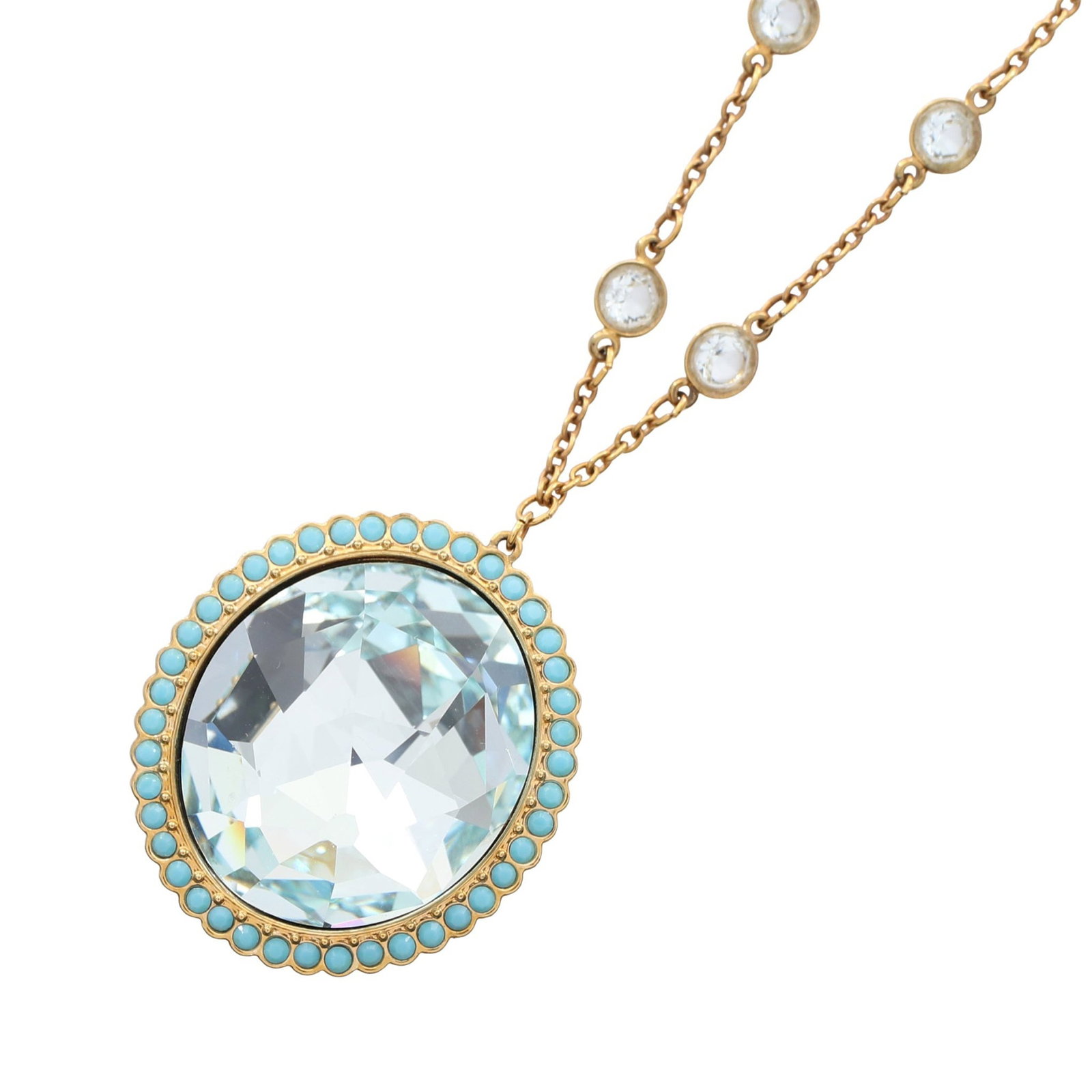 Swarovski Azore Pendant Necklace: Swarovski Azore Large Pendant necklace in GP with crystal, gold/light blue. Listed price 5,455.00. Real and authenticated.