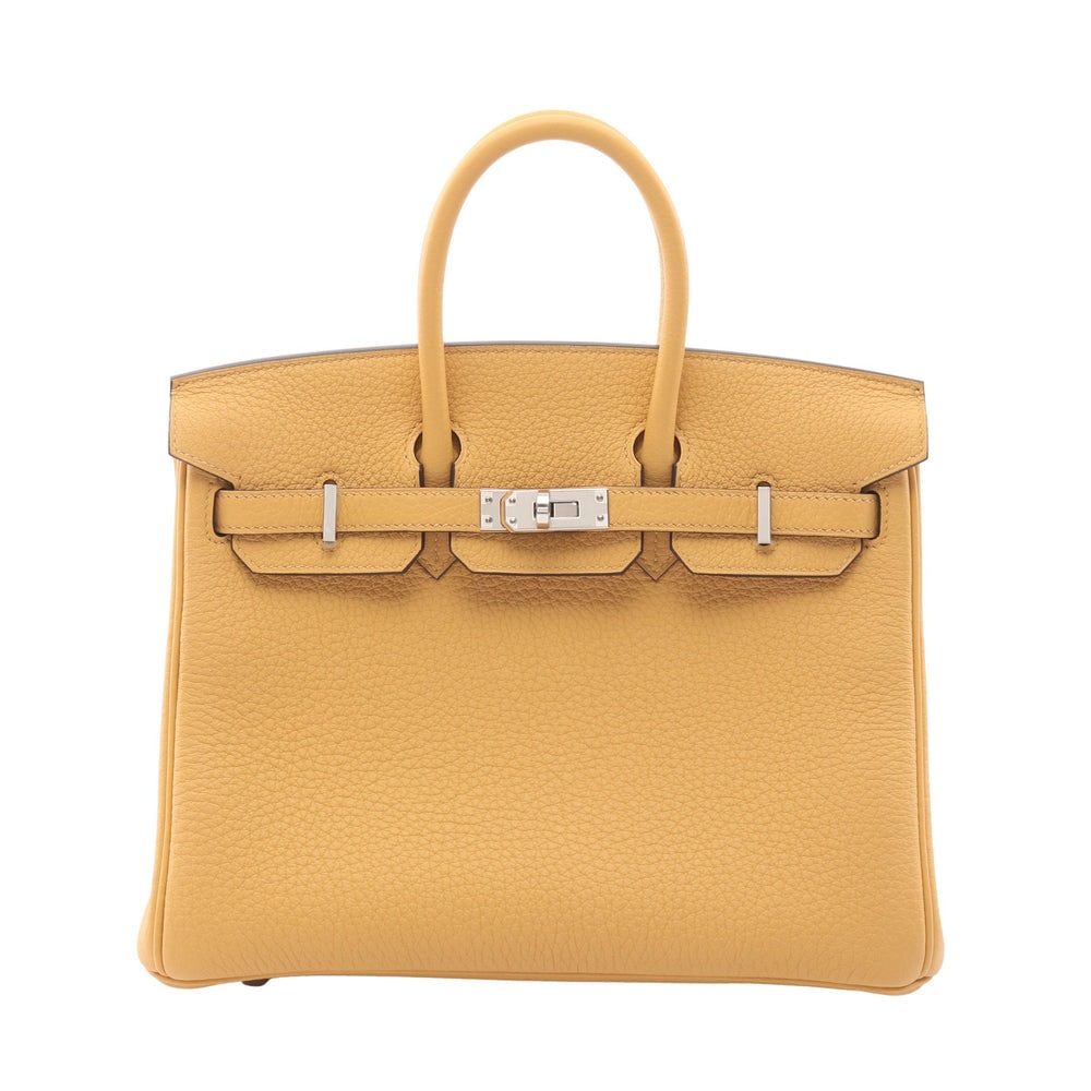 Hermes Birkin 25 Yellow: Yellow Togo leather handbag with silver-tone hardware.