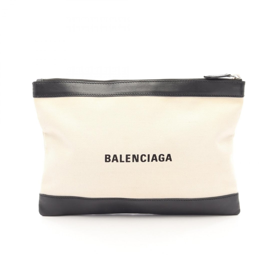 Balenciaga Navy Clip M Canvas Clutch: Authentic and authenticated Balenciaga Navy Clip M clutch bag in ivory/black canvas and leather. Model 373834. Approx. 22.5H x 32/33W x 1D cm. No accessories listed.