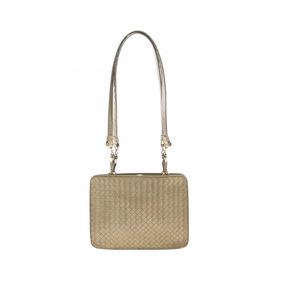 Bottega Intrecciato Leather Shoulder Bag: Authentic and authenticated Bottega Veneta Intrecciato shoulder bag in gold/khaki green leather. Model 188762. Approx. 21H x 27.5W x 3.5D cm with 79 cm strap and 36 cm max drop.