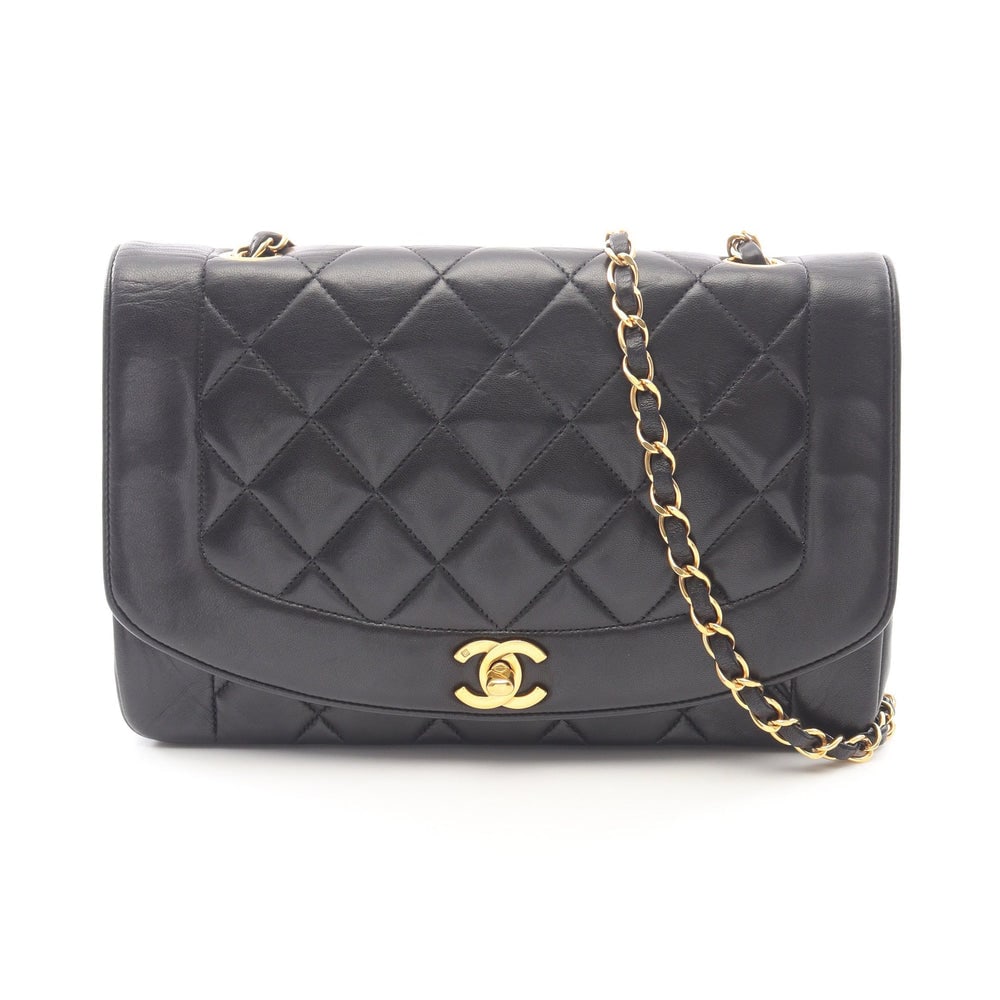 Chanel Diana Flap Black: Black leather Diana flap chain shoulder bag with gold-tone hardware.