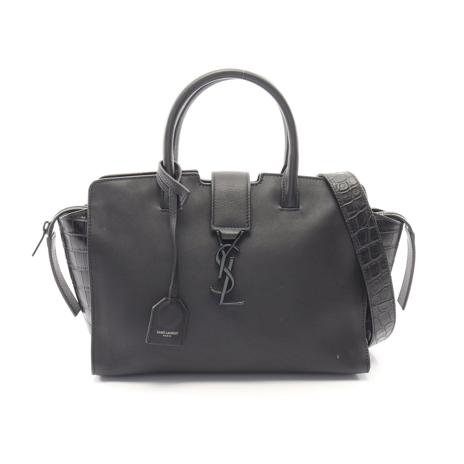 Saint Laurent Baby Downtown Cabas: Authentic and authenticated Saint Laurent Paris Baby Downtown Cabas croc embossed 2WAY handbag in black leather. Model 436834. Approx. 18.5H x 37/26W x 12D cm with 27 cm handle and 100 cm strap.