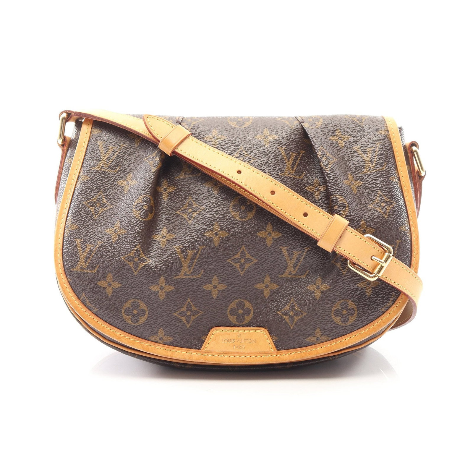LV Menilmontant PM Monogram Bag: Authentic and authenticated Louis Vuitton Menilmontant PM Monogram shoulder bag in brown PVC leather. Model M40474, product no. MI3111. Approx. 21H x 25/27W x 8D cm with 109-127 cm strap.